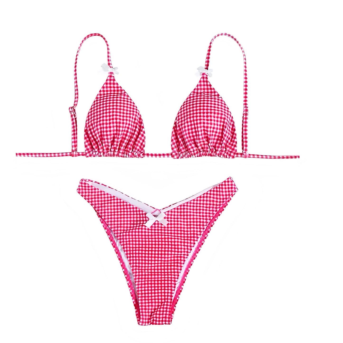 Red & White Gingham Bow 2 Piece Triangle Bikini Set for women, teens, and ladies. Features classic gingham checkered plaid patterned print with bow detail, wireless wire-free triangle bikini top with v neck, spaghetti straps, sleeveless backless string tie style, and matching bikini bottoms in cheeky thong or full coverage. Sexy feminine coquette Y2K chic trendy summer 2025 swimsuit, perfect for 4th of July beachwear, coastal granddaughter fashion, Hamptons and Nantucket preppy style, holiday vacation.