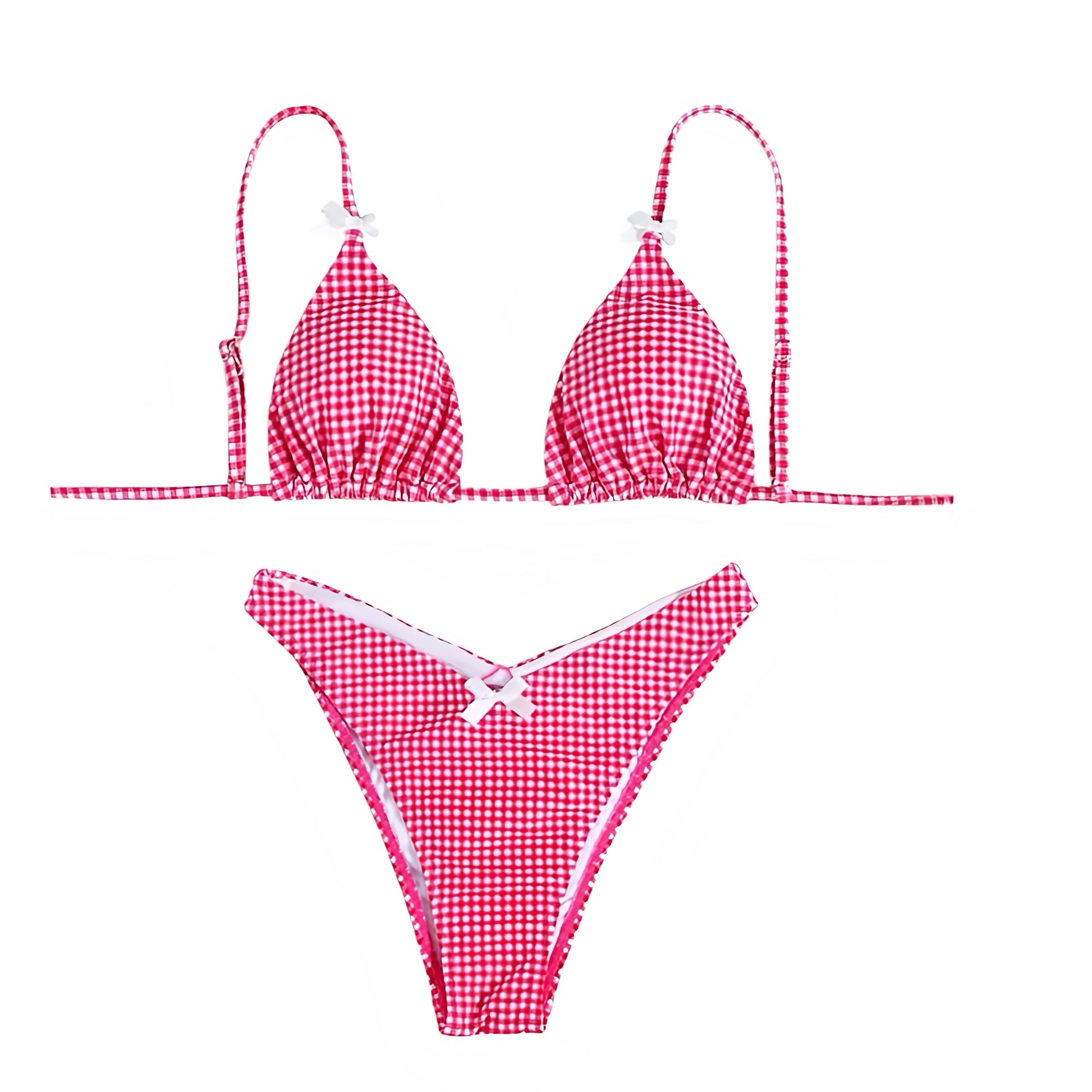 Red & White Gingham Bow 2 Piece Triangle Bikini Set for women, teens, and ladies. Features classic gingham checkered plaid patterned print with bow detail, wireless wire-free triangle bikini top with v neck, spaghetti straps, sleeveless backless string tie style, and matching bikini bottoms in cheeky thong or full coverage. Sexy feminine coquette Y2K chic trendy summer 2025 swimsuit, perfect for 4th of July beachwear, coastal granddaughter fashion, Hamptons and Nantucket preppy style, holiday vacation.