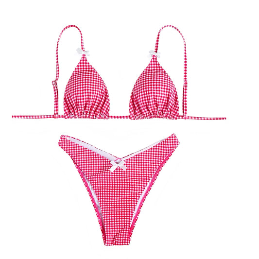 Red & White Gingham Bow 2 Piece Triangle Bikini Set for women, teens, and ladies. Features classic gingham checkered plaid patterned print with bow detail, wireless wire-free triangle bikini top with v neck, spaghetti straps, sleeveless backless string tie style, and matching bikini bottoms in cheeky thong or full coverage. Sexy feminine coquette Y2K chic trendy summer 2025 swimsuit, perfect for 4th of July beachwear, coastal granddaughter fashion, Hamptons and Nantucket preppy style, holiday vacation.