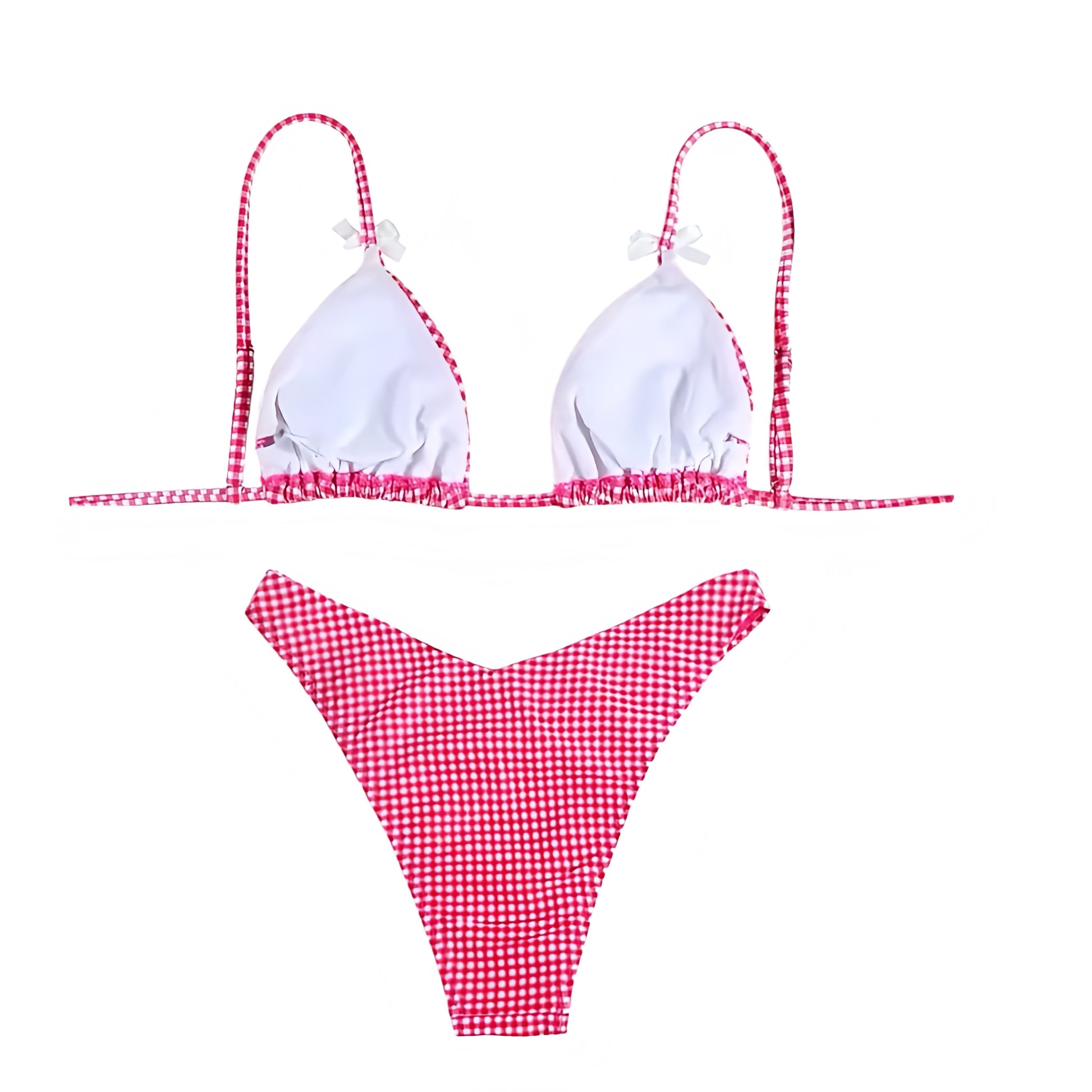 Red & White Gingham Bow 2 Piece Triangle Bikini Set for women, teens, and ladies. Features classic gingham checkered plaid patterned print with bow detail, wireless wire-free triangle bikini top with v neck, spaghetti straps, sleeveless backless string tie style, and matching bikini bottoms in cheeky thong or full coverage. Sexy feminine coquette Y2K chic trendy summer 2025 swimsuit, perfect for 4th of July beachwear, coastal granddaughter fashion, Hamptons and Nantucket preppy style, holiday vacation.