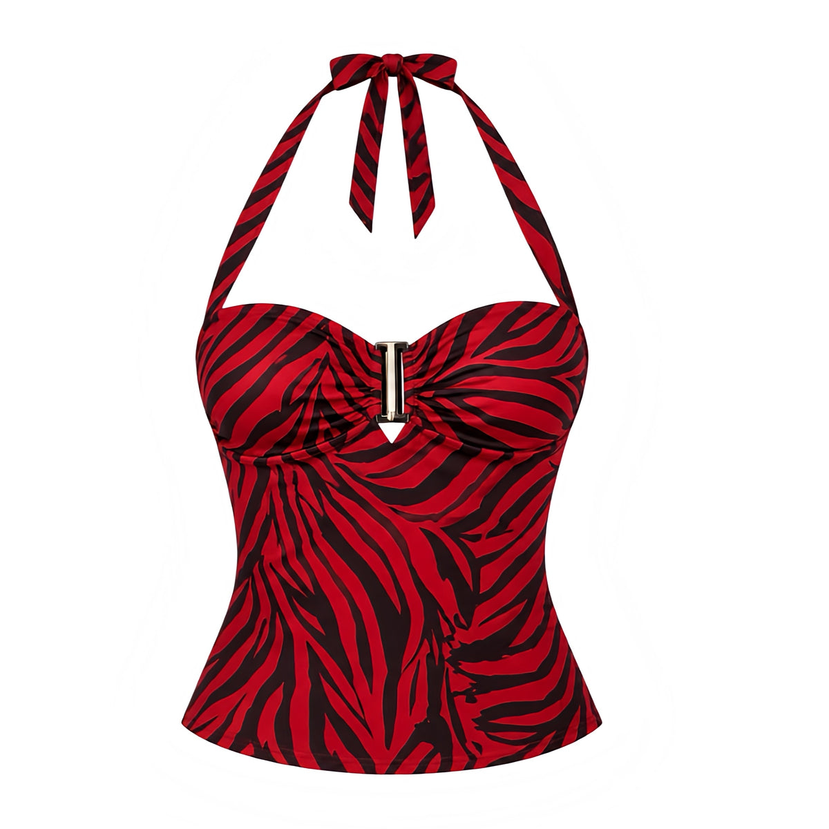 Red zebra print Obsession sleeveless halter crop top in cherry red, bright red and black animal print with striped zebra pattern, ruched gathered bust, sweetheart plunging neckline, gold-tone center buckle hardware, self-tie halter neck, fitted slim fit silhouette and open back. Y2K 2000s fashion top for Nikki Obsession Halloween costume inspired looks, Halloweekend 2026, baddie outfits, party, clubwear, rave, festival, concert, rock chic, rockstar gf, grunge and punk style.