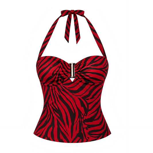 Red zebra print Obsession sleeveless halter crop top in cherry red, bright red and black animal print with striped zebra pattern, ruched gathered bust, sweetheart plunging neckline, gold-tone center buckle hardware, self-tie halter neck, fitted slim fit silhouette and open back. Y2K 2000s fashion top for Nikki Obsession Halloween costume inspired looks, Halloweekend 2026, baddie outfits, party, clubwear, rave, festival, concert, rock chic, rockstar gf, grunge and punk style.