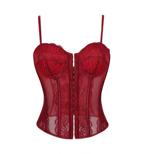 Scarlet red dark red burgundy red rose red velvet red floral flower patterned lace lace trim translucent transparent mesh slim fit bodycon silhouette corset bustier underwire push up v neck sweetheart neckline spaghetti strap sleeveless lace up back cinched waist adjustable camisole crop tank top bra bralette intimate lingerie underwear under garments shapewear womens teens ladies spring summer fall autumn winter 2026 feminine fashion coquette y2k chic trendy vintage retro evening party ships worldwide