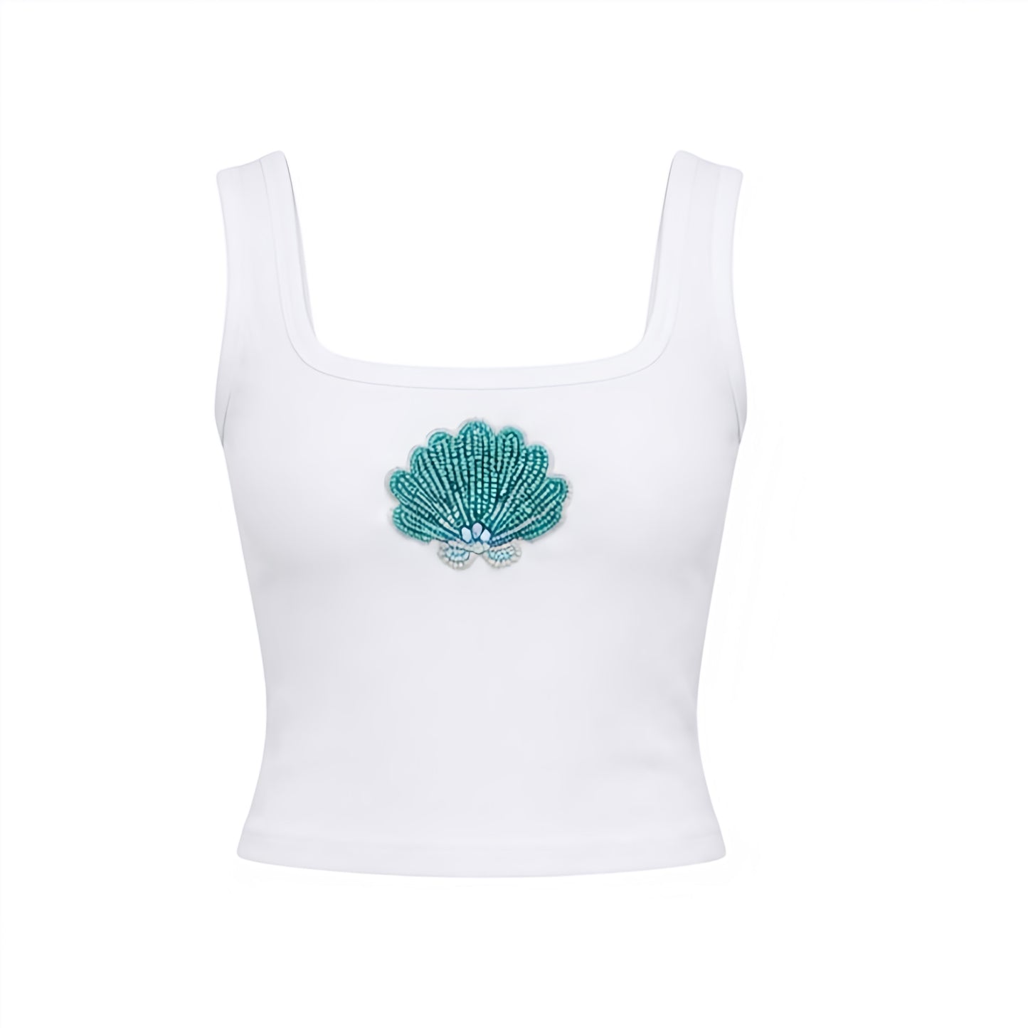 White Sea Blue Seashell Y2K sparkly beaded fitted cropped tank top with seashell bead design, seashell pattern, shell bead design and shell pattern in light blue, turquoise and aquamarine. Slim fit skinny fit bodycon ribbed cotton blend top with plunging neckline, cleavage top, square neckline, sleeveless cropped silhouette. Y2K beaded top perfect for mermaidcore, tropicalcore, coastal style, coastal granddaughter, Hamptons, Nantucket, beach vacation, Ibiza and European summer outfits.