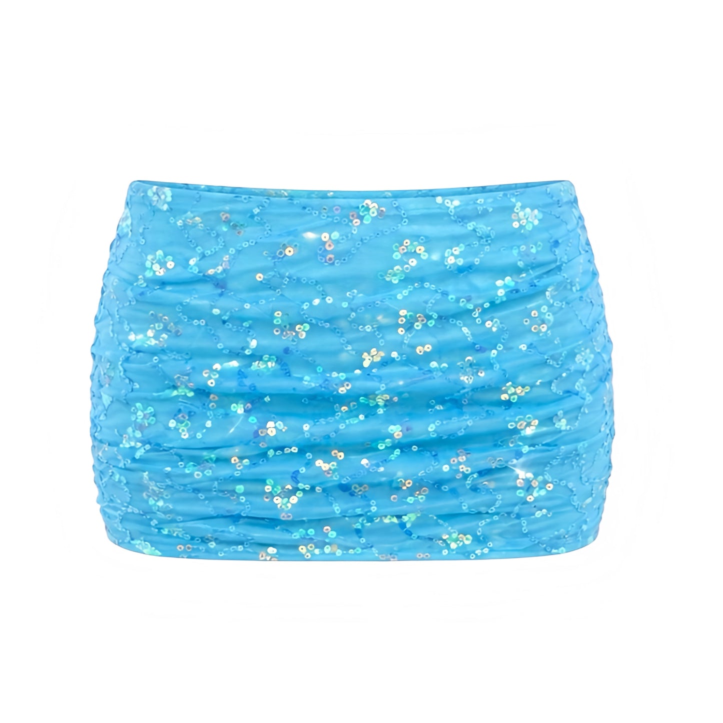 Sea blue sequin embellished slim fit low-rise mini skirt in light blue, sea blue, turquoise and aquamarine with sparkly, shimmery, glittery and beaded detailing. Slim fit bodycon skinny fit short skirt with low rise, low-waisted, A line and pencil skirt styling. Perfect for women, teens and ladies, Y2K style, 2000s fashion, summer 2026, party outfits, night out outfits, going out outfits, club wear, clubbing outfits, disco outfits, disco parties, star girl aesthetic, NYE outfits, rave skirts, rave outfits.