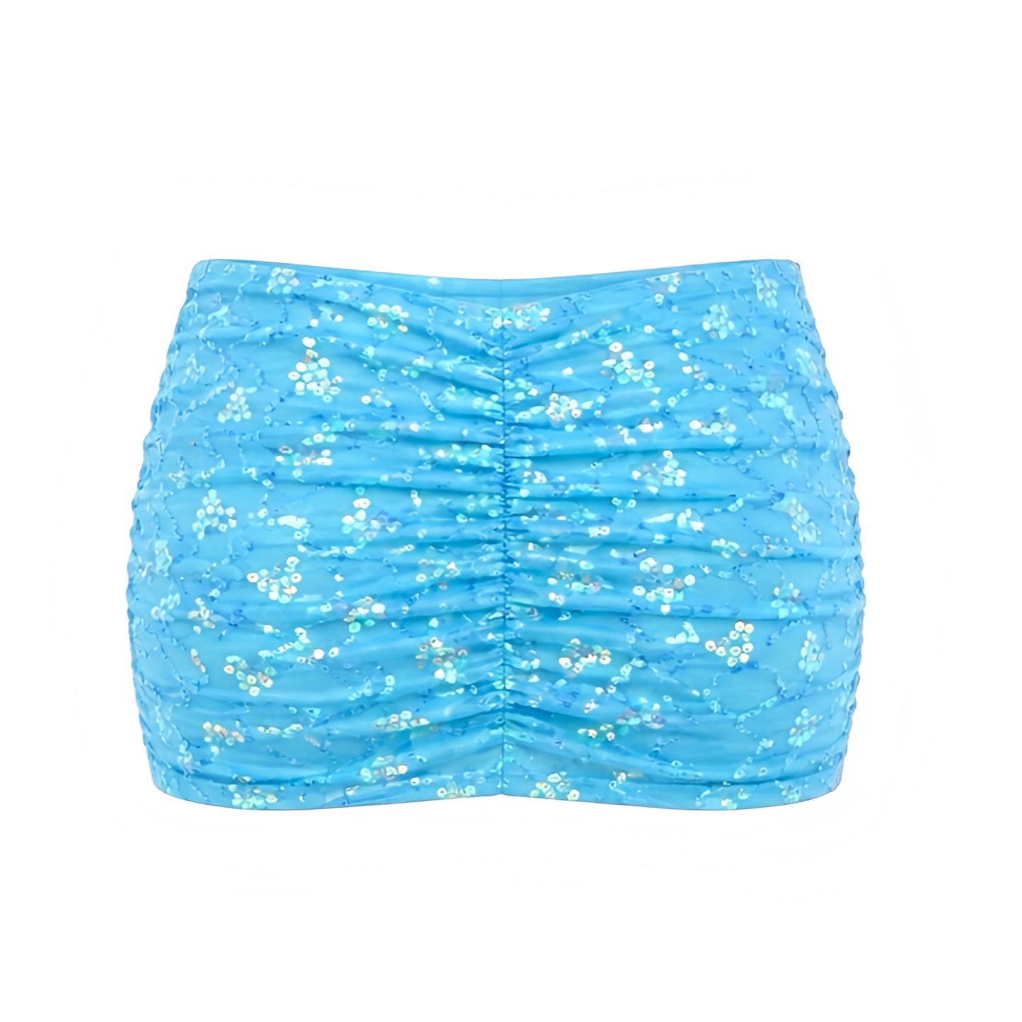 Sea blue sequin embellished slim fit low-rise mini skirt in light blue, sea blue, turquoise and aquamarine with sparkly, shimmery, glittery and beaded detailing. Slim fit bodycon skinny fit short skirt with low rise, low-waisted, A line and pencil skirt styling. Perfect for women, teens and ladies, Y2K style, 2000s fashion, summer 2026, party outfits, night out outfits, going out outfits, club wear, clubbing outfits, disco outfits, disco parties, star girl aesthetic, NYE outfits, rave skirts, rave outfits.