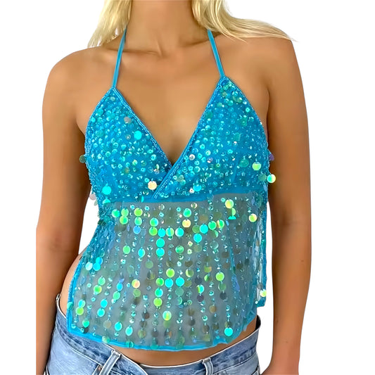 Sea blue sequin embellished v-neck backless halter crop tank top slim fit sleeveless spaghetti strap translucent bodycon chic sexy boho festival rave party euro summer Ibiza style trendy vacation 2025 it girl that girl Y2K worldwide shipping USA Canada UK Australia Europe Asia