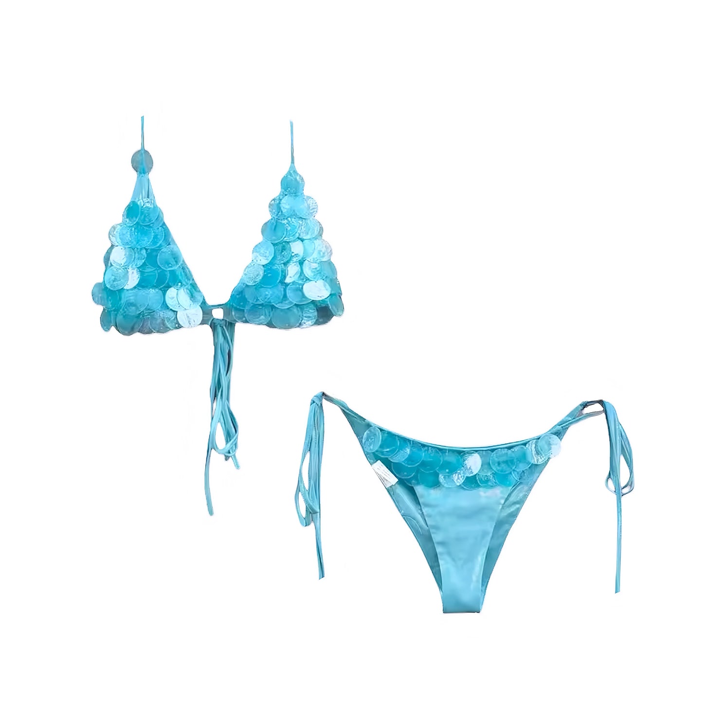 Sea blue sequin shell embellished beaded 2 piece triangle string bikini set in ocean blue royal blue light blue aquamarine. Sparkly glittery shimmery slim fit wireless push up bikini with halter tie neck spaghetti straps, backless triangle top and cheeky thong bottoms. Perfect for beach vacation, euro summer, Ibiza fashion, festival outfits, rave bikini, mermaidcore, tropicalcore, coastal style and resort wear.