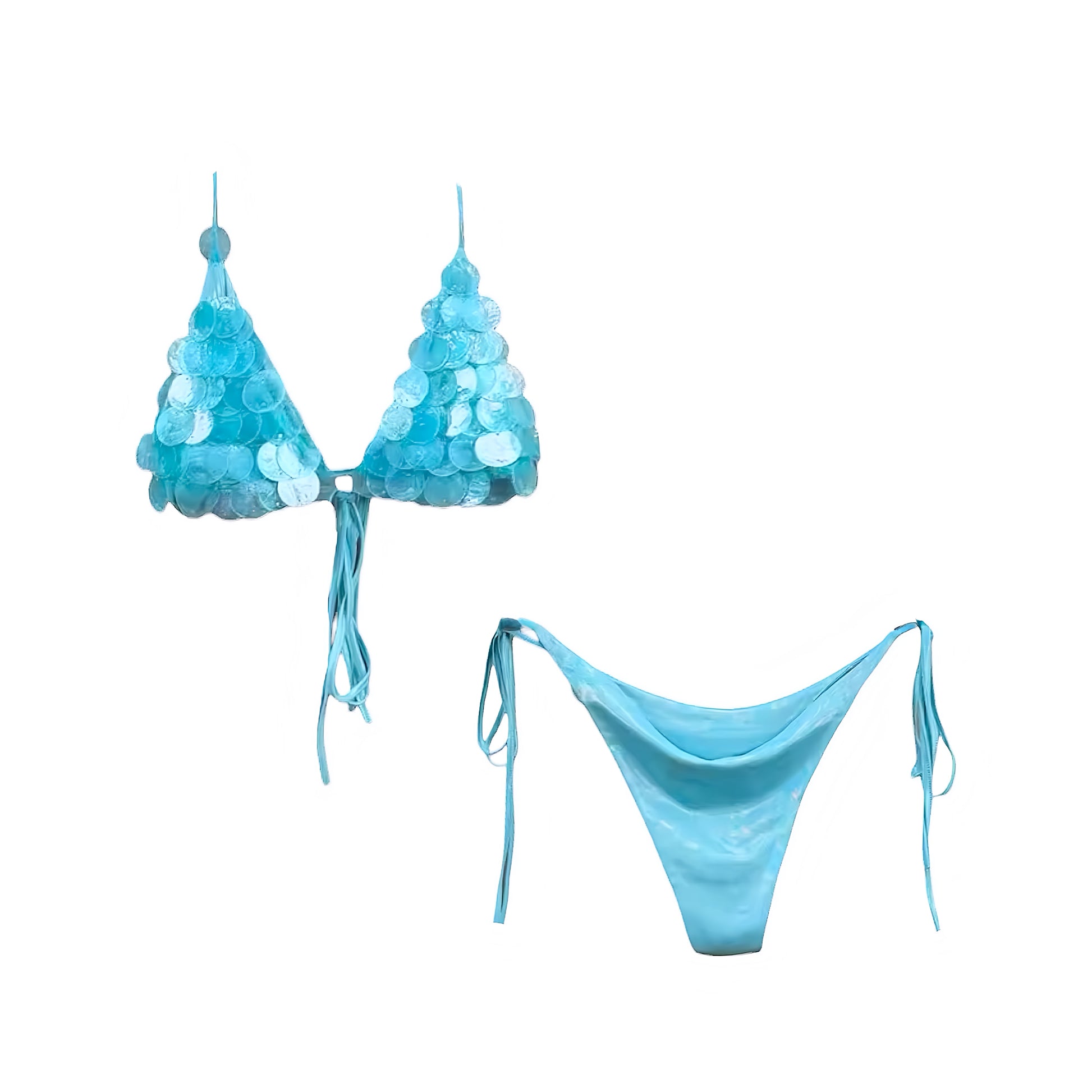 Sea blue sequin shell embellished beaded 2 piece triangle string bikini set in ocean blue royal blue light blue aquamarine. Sparkly glittery shimmery slim fit wireless push up bikini with halter tie neck spaghetti straps, backless triangle top and cheeky thong bottoms. Perfect for beach vacation, euro summer, Ibiza fashion, festival outfits, rave bikini, mermaidcore, tropicalcore, coastal style and resort wear.