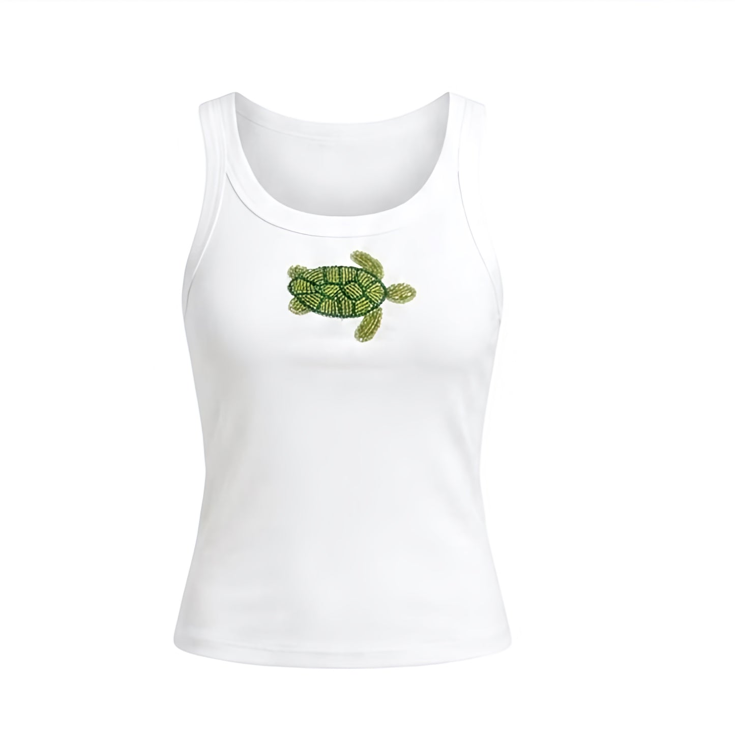 Sea turtle Y2K sparkly beaded fitted scoop neck tank top in white and green with sea turtle bead design and sea turtle bead patterned detail. Slim fit skinny fit bodycon ribbed cotton blend top with plunging scoop neckline, spaghetti straps, sleeveless racerback crop top silhouette. Y2K beaded top perfect for 2000s fashion, beach girl outfits, coastal style, coastal granddaughter outfits, tropicalcore, mermaidcore, Florida outfits, Ibiza fashion, beach club outfits and European summer.