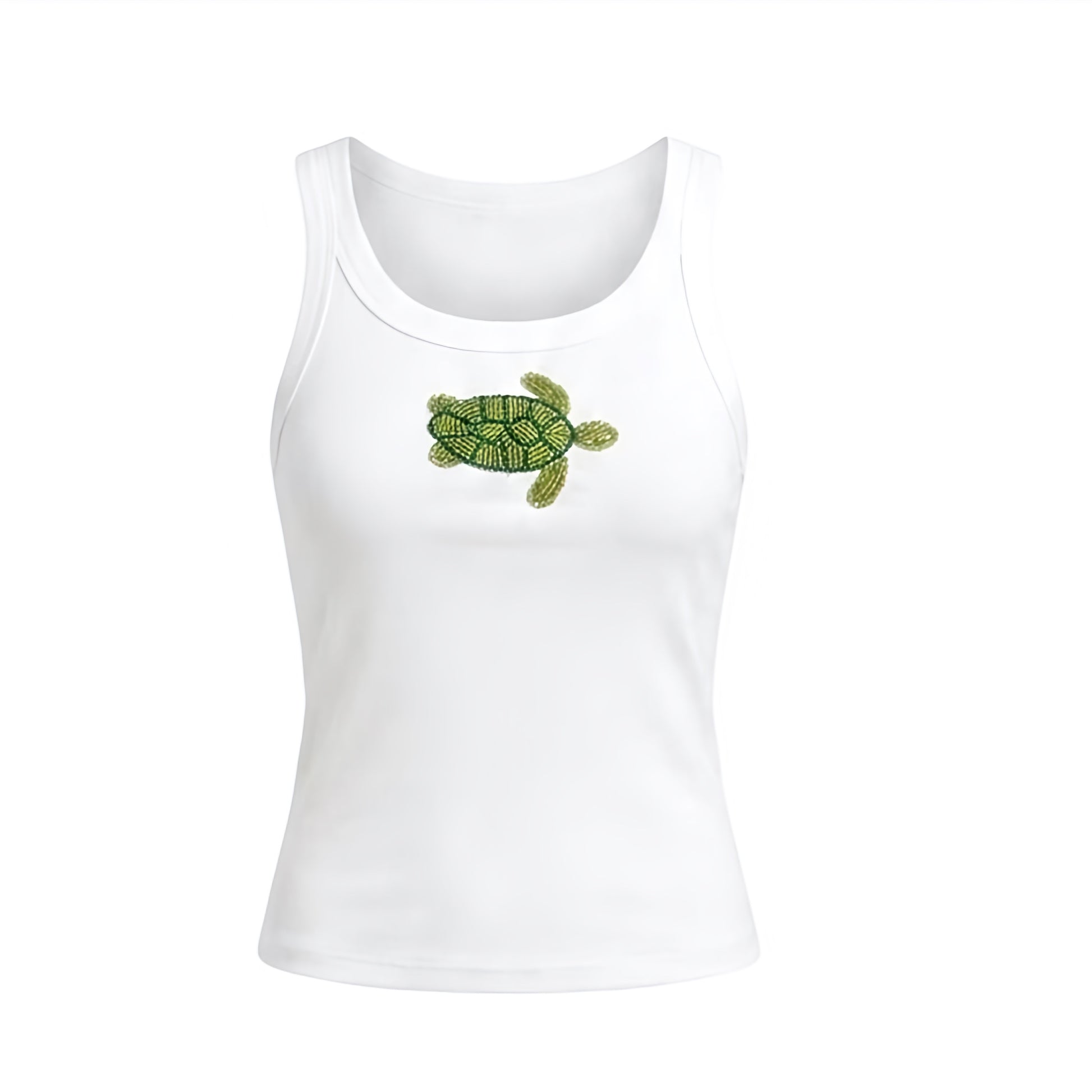 Sea turtle Y2K sparkly beaded fitted scoop neck tank top in white and green with sea turtle bead design and sea turtle bead patterned detail. Slim fit skinny fit bodycon ribbed cotton blend top with plunging scoop neckline, spaghetti straps, sleeveless racerback crop top silhouette. Y2K beaded top perfect for 2000s fashion, beach girl outfits, coastal style, coastal granddaughter outfits, tropicalcore, mermaidcore, Florida outfits, Ibiza fashion, beach club outfits and European summer.