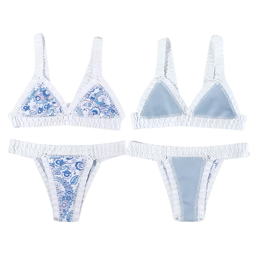 Seaside blue light blue baby blue pastel blue ocean blue sea blue floral print flower design crochet knitted knitwear reversible bikini set with multicolor white solid detailing. Triangle string 2 piece swimwear set in slim fit skinny fit wireless wire free halter tie neck v neck backless thong string design. Chic beach vacation bikini for womens teens ladies perfect euro summer Ibiza style boho chic vintage retro coastal style resort wear coastal granddaughter Hamptons Nantucket aesthetic summer fashion.