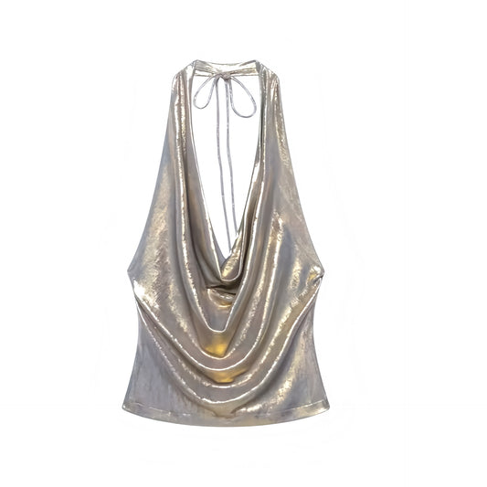 Silver chrome metallic shiny shimmery V-neck backless halter top with slim fit skinny fit silhouette, ruched detailing, plunging neckline, cowl neckline, sleeveless design, open back, cut out and hollow out details, cropped tank top and camisole style for Y2K fashion, 2000s style, party, club, Ibiza, rave, festival, futuristic glam, cyberpunk, rockstar and baddie outfits.