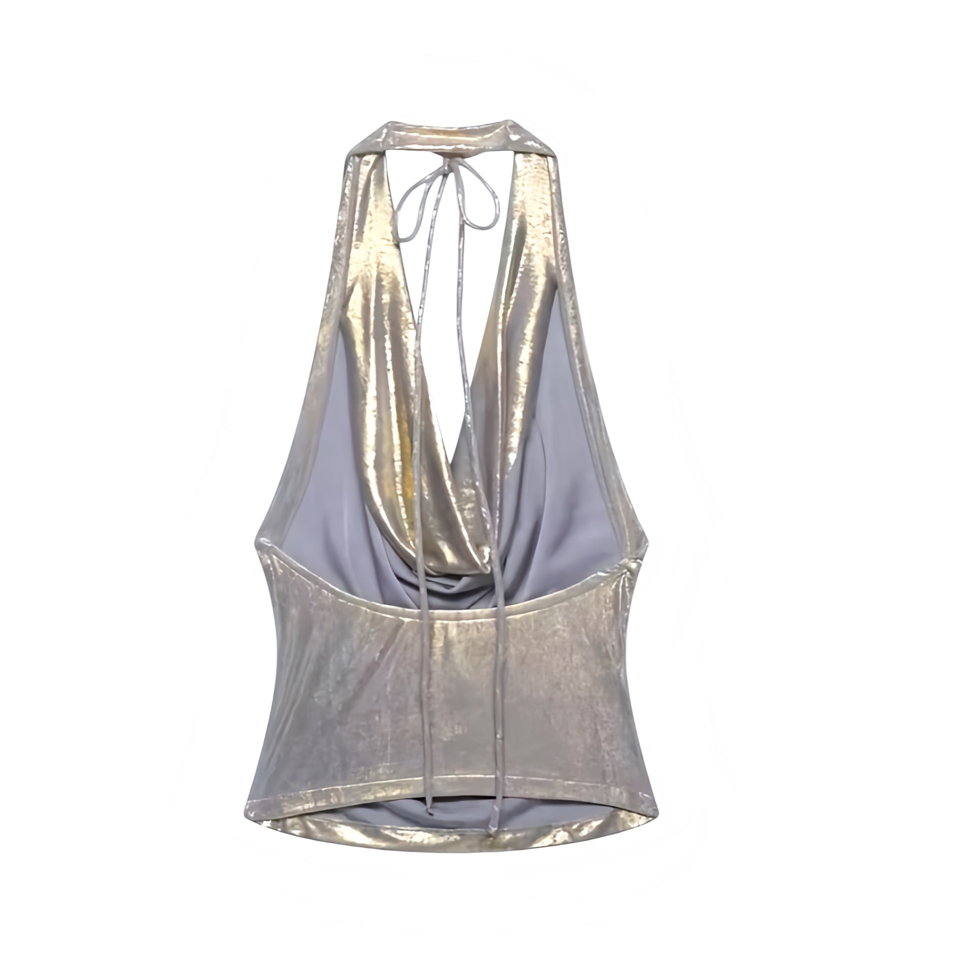 Silver chrome metallic shiny shimmery V-neck backless halter top with slim fit skinny fit silhouette, ruched detailing, plunging neckline, cowl neckline, sleeveless design, open back, cut out and hollow out details, cropped tank top and camisole style for Y2K fashion, 2000s style, party, club, Ibiza, rave, festival, futuristic glam, cyberpunk, rockstar and baddie outfits.