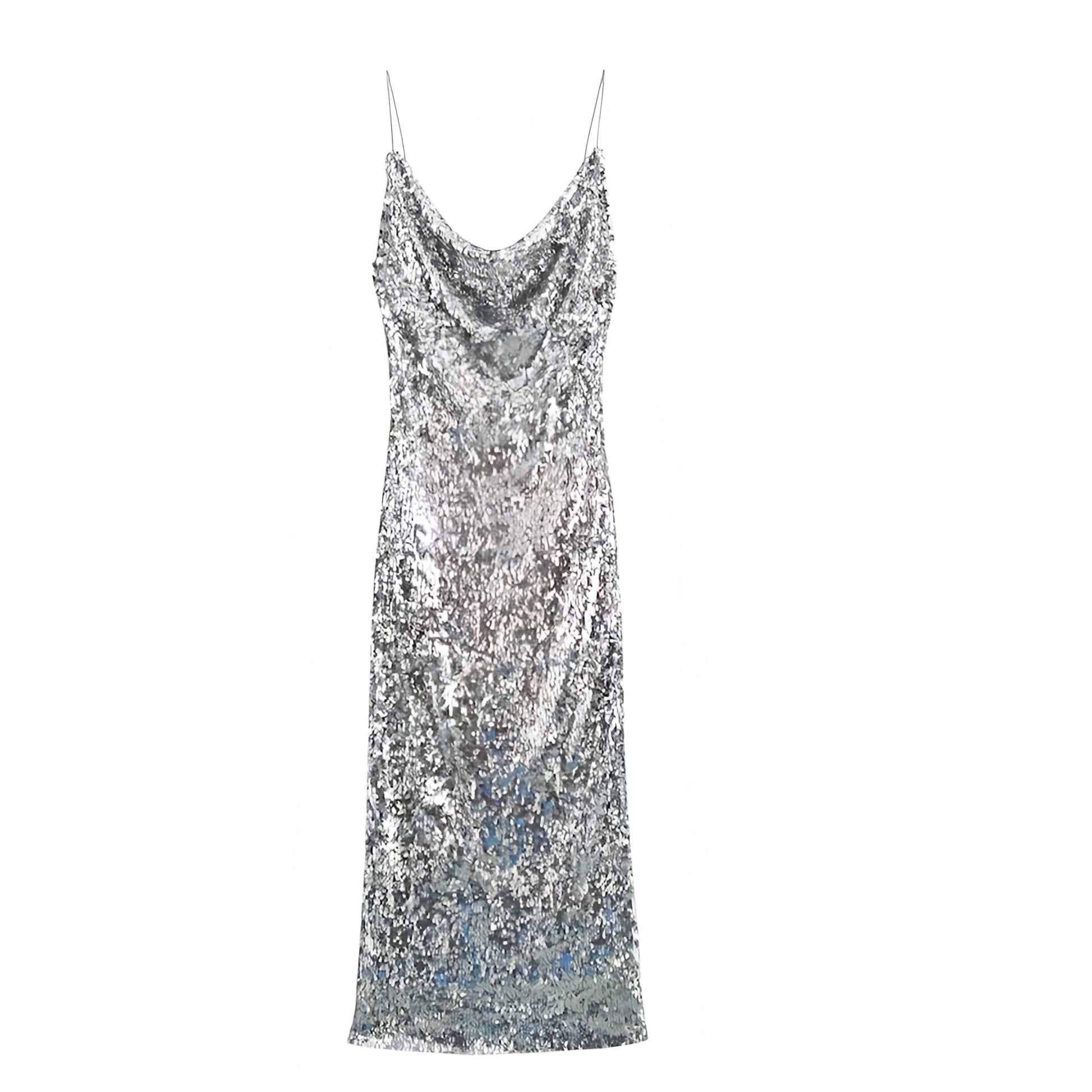 Silver Sequin Embellished Bodycon Ruched Spaghetti Strap Maxi Dress for women and teens. Sparkly slim fit silhouette with cowl neckline, draped sheath design, sleeveless, backless, chic elegant holiday fashion. Perfect for evening parties, prom, gala, homecoming, sorority rush, night out, club wear, rave, festival, Ibiza style, boho chic, Euro summer. Ships worldwide to US, UK, Canada, Australia, Europe, Asia, and more.