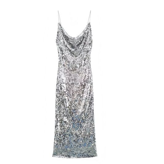 Silver Sequin Embellished Bodycon Ruched Spaghetti Strap Maxi Dress for women and teens. Sparkly slim fit silhouette with cowl neckline, draped sheath design, sleeveless, backless, chic elegant holiday fashion. Perfect for evening parties, prom, gala, homecoming, sorority rush, night out, club wear, rave, festival, Ibiza style, boho chic, Euro summer. Ships worldwide to US, UK, Canada, Australia, Europe, Asia, and more.