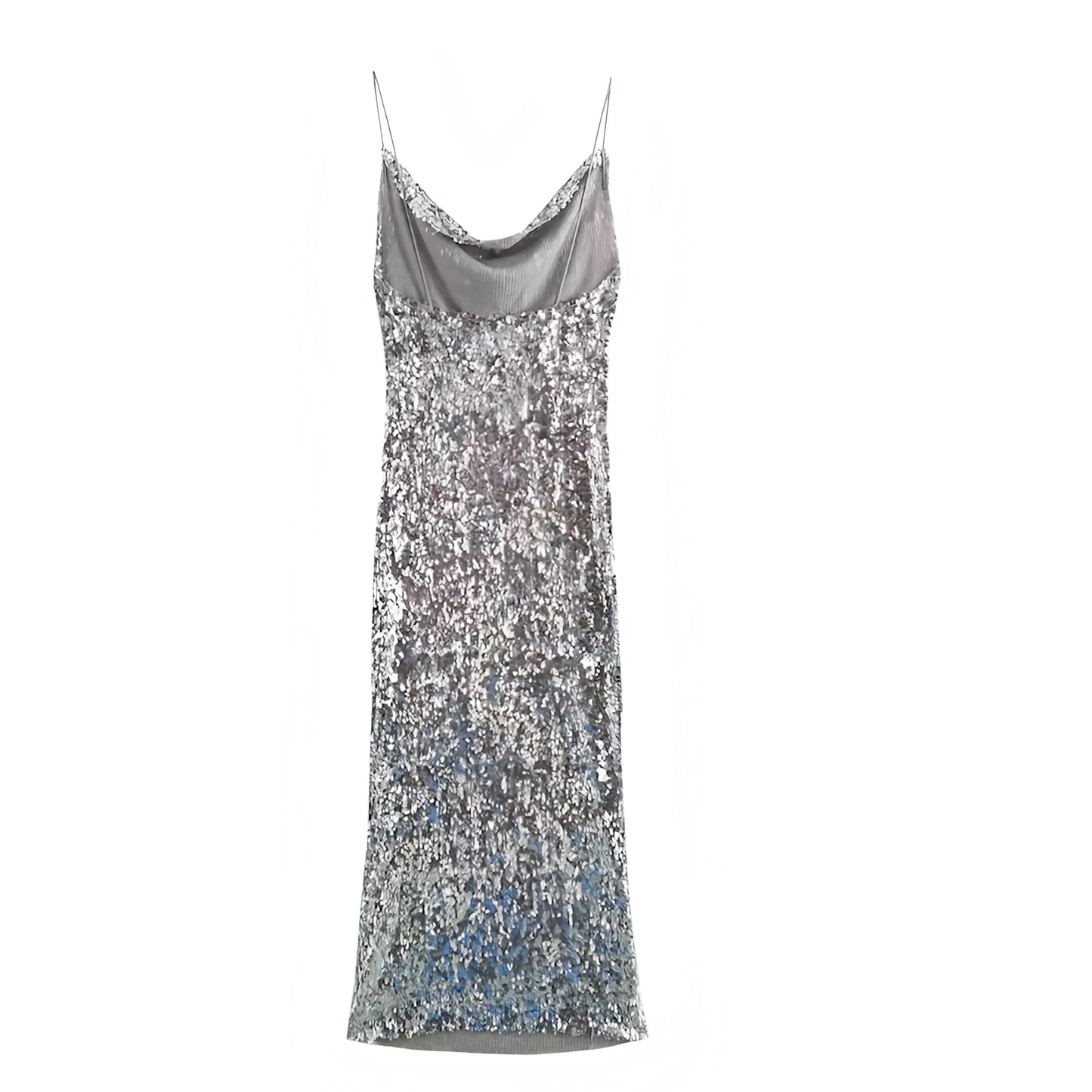 Silver Sequin Embellished Bodycon Ruched Spaghetti Strap Maxi Dress for women and teens. Sparkly slim fit silhouette with cowl neckline, draped sheath design, sleeveless, backless, chic elegant holiday fashion. Perfect for evening parties, prom, gala, homecoming, sorority rush, night out, club wear, rave, festival, Ibiza style, boho chic, Euro summer. Ships worldwide to US, UK, Canada, Australia, Europe, Asia, and more.