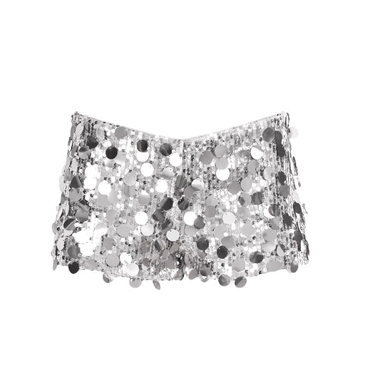 Silver sequin embellished metallic slim fit low rise mini booty shorts for women and teens chic boho Ibiza style Y2K sexy it girl that girl trendy rave concert club party festival night out summer vacation fashion 2025 with global international shipping USA Canada UK Europe Asia Australia