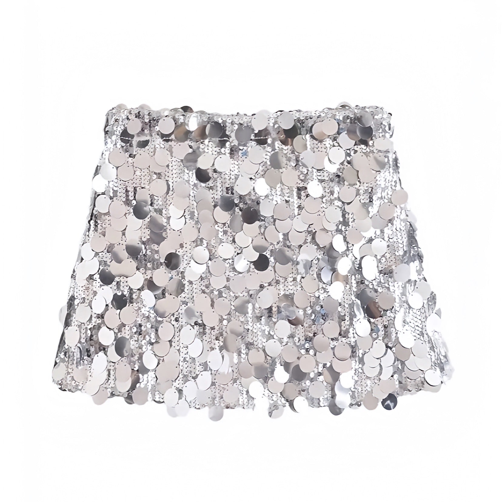 Silver sequin embellished slim fit low-rise mini skirt, sparkly pencil/sheath; glamorous Ibiza style festival party club rave concert Euro summer vacation sexy chic Y2K it-girl that-girl boho trendy 2025 for women/teens. Ships worldwide to US, UK, EU, AU, Canada & more.