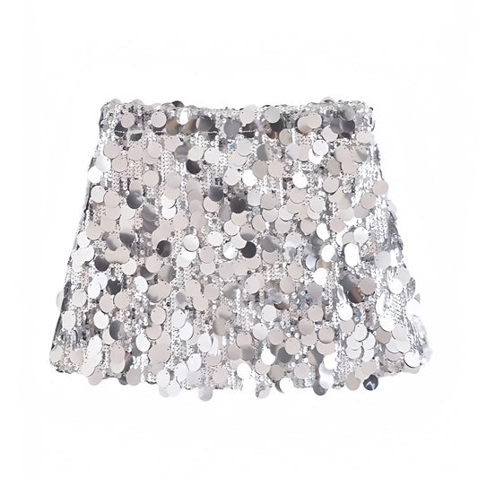 Silver sequin embellished slim fit low-rise mini skirt, sparkly pencil/sheath; glamorous Ibiza style festival party club rave concert Euro summer vacation sexy chic Y2K it-girl that-girl boho trendy 2025 for women/teens. Ships worldwide to US, UK, EU, AU, Canada & more.