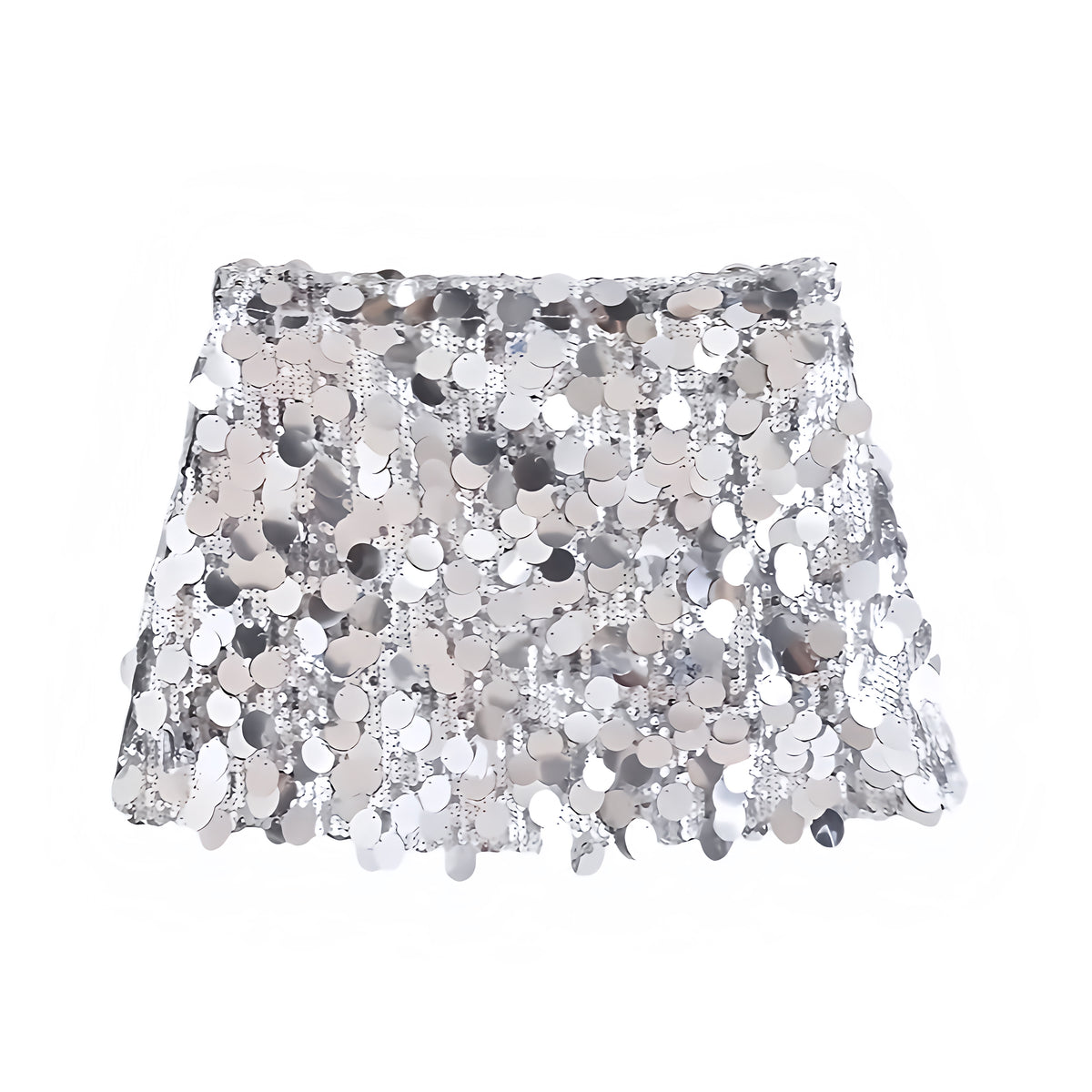 Silver sequin embellished slim fit low-rise mini skirt, sparkly pencil/sheath; glamorous Ibiza style festival party club rave concert Euro summer vacation sexy chic Y2K it-girl that-girl boho trendy 2025 for women/teens. Ships worldwide to US, UK, EU, AU, Canada & more.