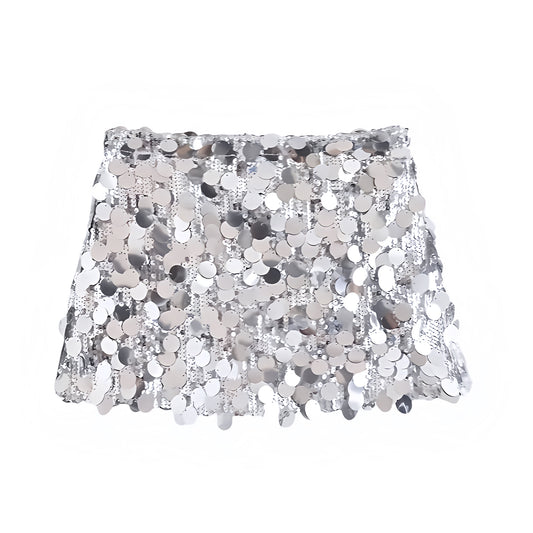 Silver sequin embellished slim fit low-rise mini skirt, sparkly pencil/sheath; glamorous Ibiza style festival party club rave concert Euro summer vacation sexy chic Y2K it-girl that-girl boho trendy 2025 for women/teens. Ships worldwide to US, UK, EU, AU, Canada & more.