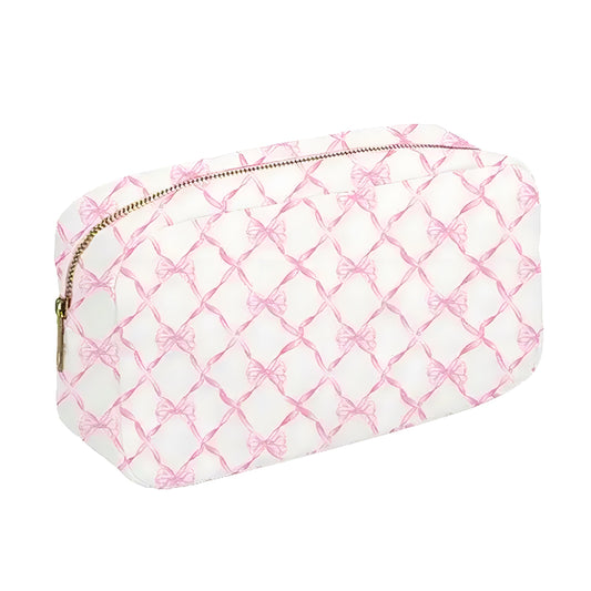 Small light pink and white bow print makeup bag with metallic zipper closure. Lightweight, waterproof, and vegan-friendly cosmetic pouch perfect for makeup, skincare, or travel essentials. Cute, feminine, and coquette-inspired design made from durable plastic material. Perfect for everyday use, holidays, and pink Christmas gifts. Ships globally to US, UK, Canada, Australia, New Zealand, Europe, and Asia.

