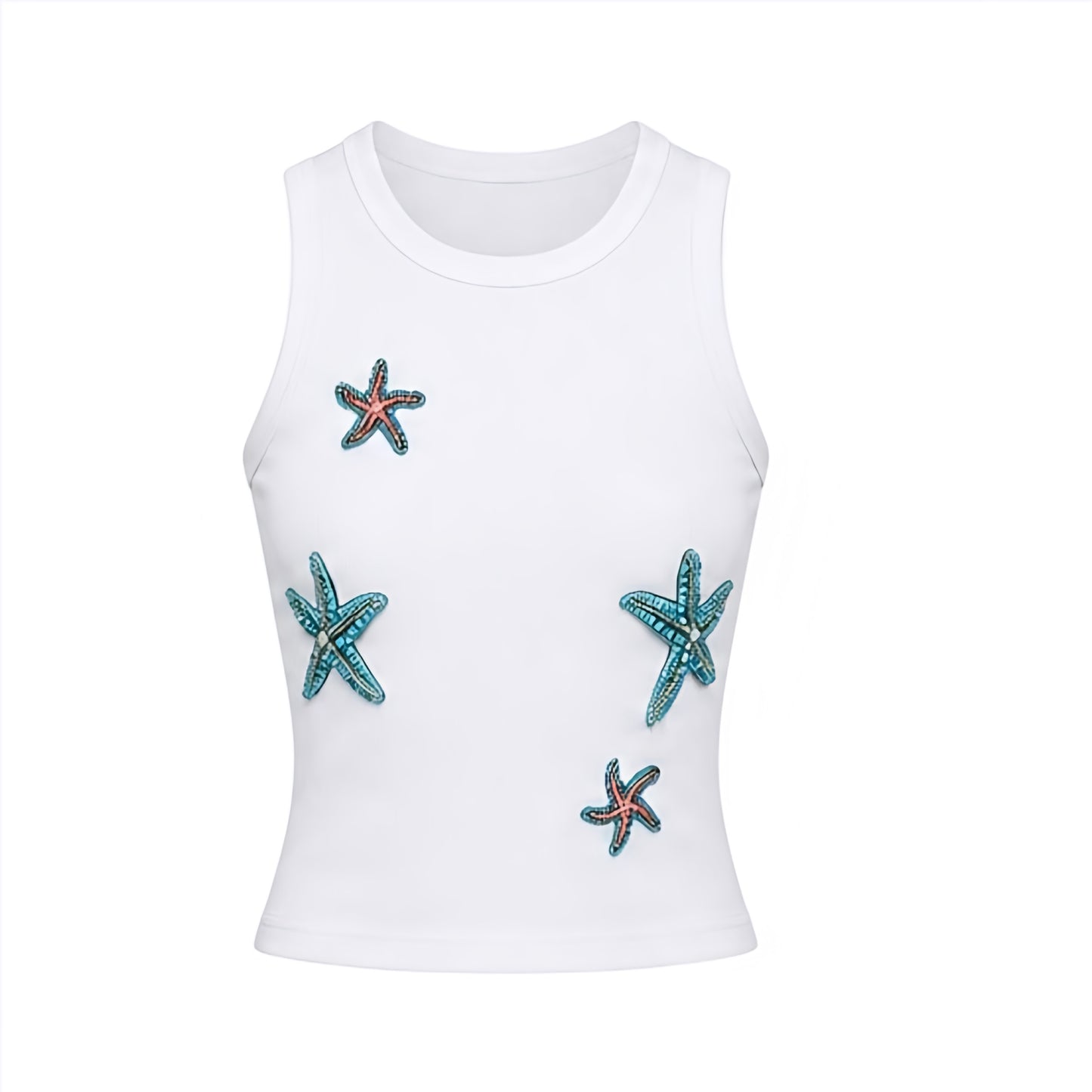 White Starfish Y2K sparkly beaded fitted sleeveless tank top with light blue, aquamarine, turquoise and orange starfish bead design and starfish pattern. Slim fit skinny fit bodycon ribbed cotton blend top with scoop neck round neck, sleeveless tank and muscle tank silhouette. Y2K beaded top perfect for 2000s fashion, coastal style, coastal granddaughter outfit, Hamptons style, Nantucket style, mermaidcore, tropicalcore, Hawaii style, beach club outfits and European summer.