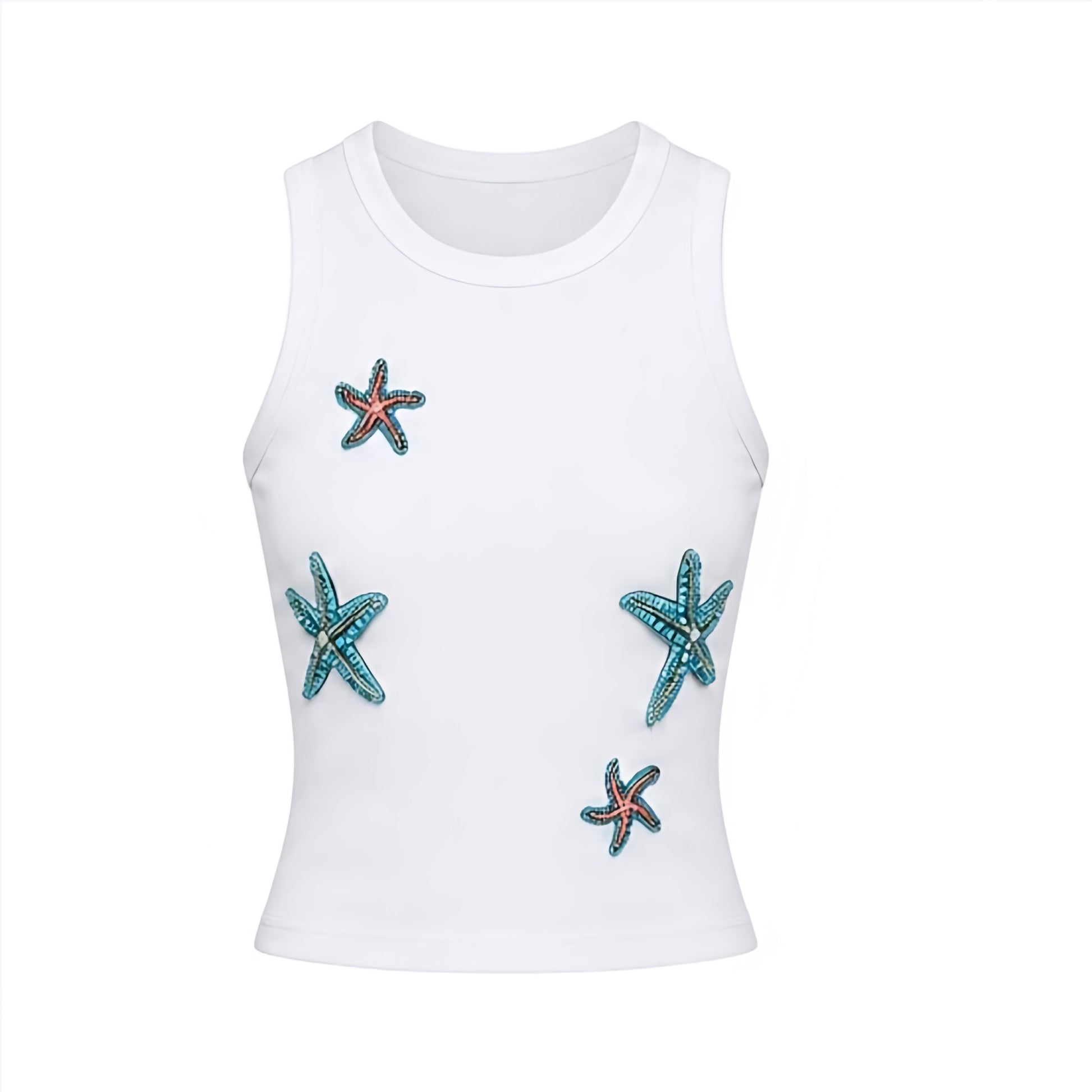 White Starfish Y2K sparkly beaded fitted sleeveless tank top with light blue, aquamarine, turquoise and orange starfish bead design and starfish pattern. Slim fit skinny fit bodycon ribbed cotton blend top with scoop neck round neck, sleeveless tank and muscle tank silhouette. Y2K beaded top perfect for 2000s fashion, coastal style, coastal granddaughter outfit, Hamptons style, Nantucket style, mermaidcore, tropicalcore, Hawaii style, beach club outfits and European summer.