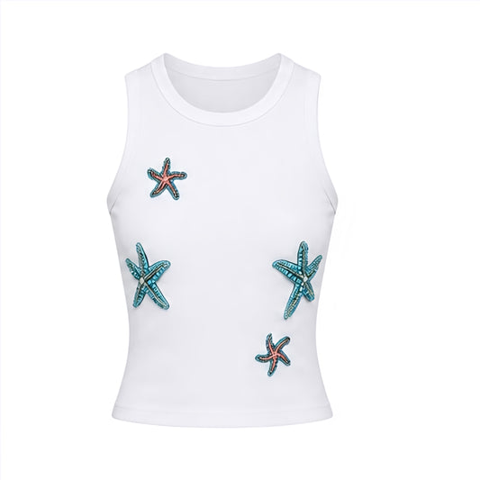 White Starfish Y2K sparkly beaded fitted sleeveless tank top with light blue, aquamarine, turquoise and orange starfish bead design and starfish pattern. Slim fit skinny fit bodycon ribbed cotton blend top with scoop neck round neck, sleeveless tank and muscle tank silhouette. Y2K beaded top perfect for 2000s fashion, coastal style, coastal granddaughter outfit, Hamptons style, Nantucket style, mermaidcore, tropicalcore, Hawaii style, beach club outfits and European summer.