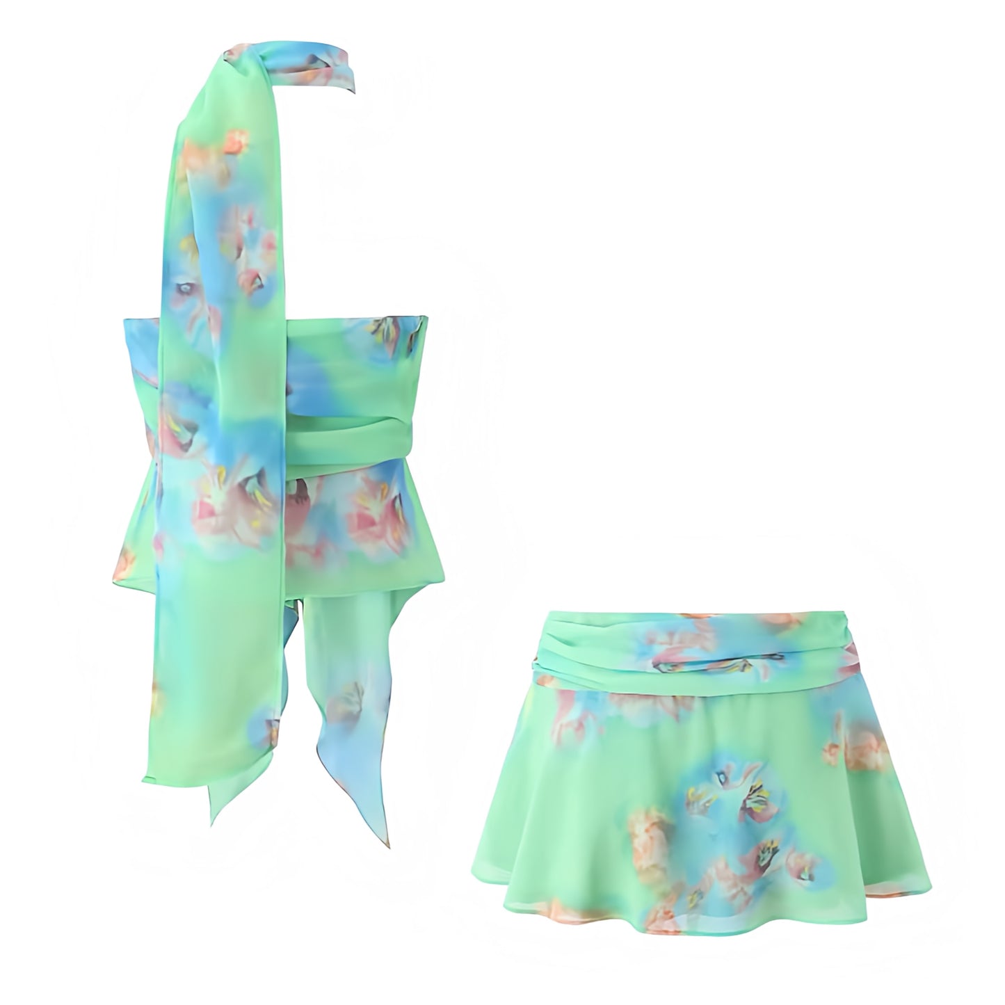 Tiana Multicolor Floral Print Ruffle Trim Halter Top & Low-Rise Mini Skirt 2 Piece Set. Green, blue, pink tropical flower patterned slim fit two-piece set with layered ruffle crop top featuring sleeveless halter neckline, mock neck detail, asymmetric cut, and matching low-rise mini skirt. Flared ruffle trim matching outfit perfect for women, teens, and ladies seeking chic Y2K fashion for holidays, vacations, festivals, parties, night out, sexy club wear, rave looks, Ibiza style, boho chic, Euro summer