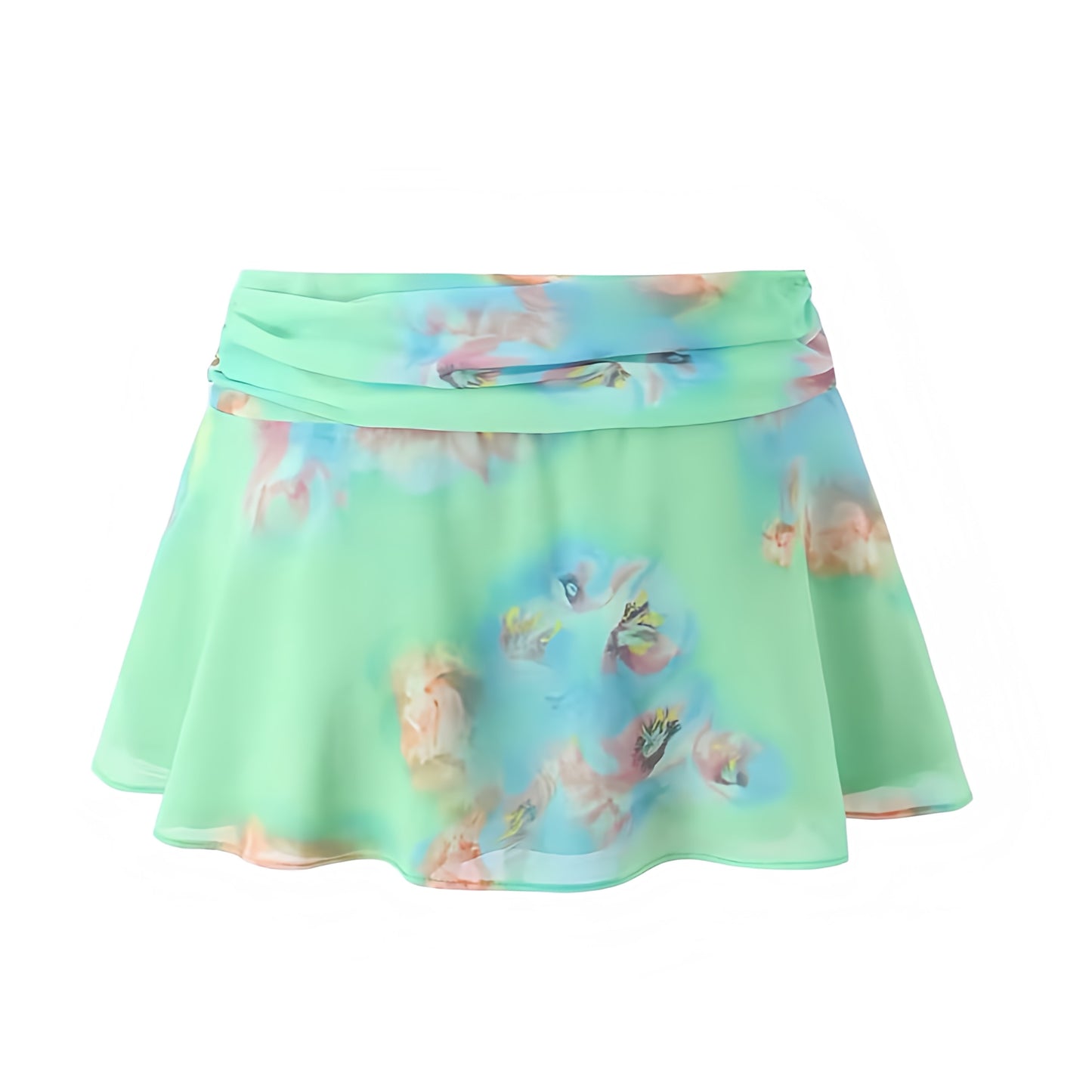 Tiana Multicolor Floral Print Ruffle Trim Low-Rise Mini Skirt. Green, blue, and pink tropical flower patterned skirt with slim fit silhouette, layered ruffle trim, flared A-line cut, and low-rise mini length. Feminine and trendy short skirt for women, teens, and ladies who love chic Y2K fashion, Euro summer outfits, Ibiza style, boho chic clothing, sorority rush, casual vacation looks, festival wear, rave style, sexy party outfits, and club wear. Ships worldwide to US, UK, Canada, Australia, Europe, Asia