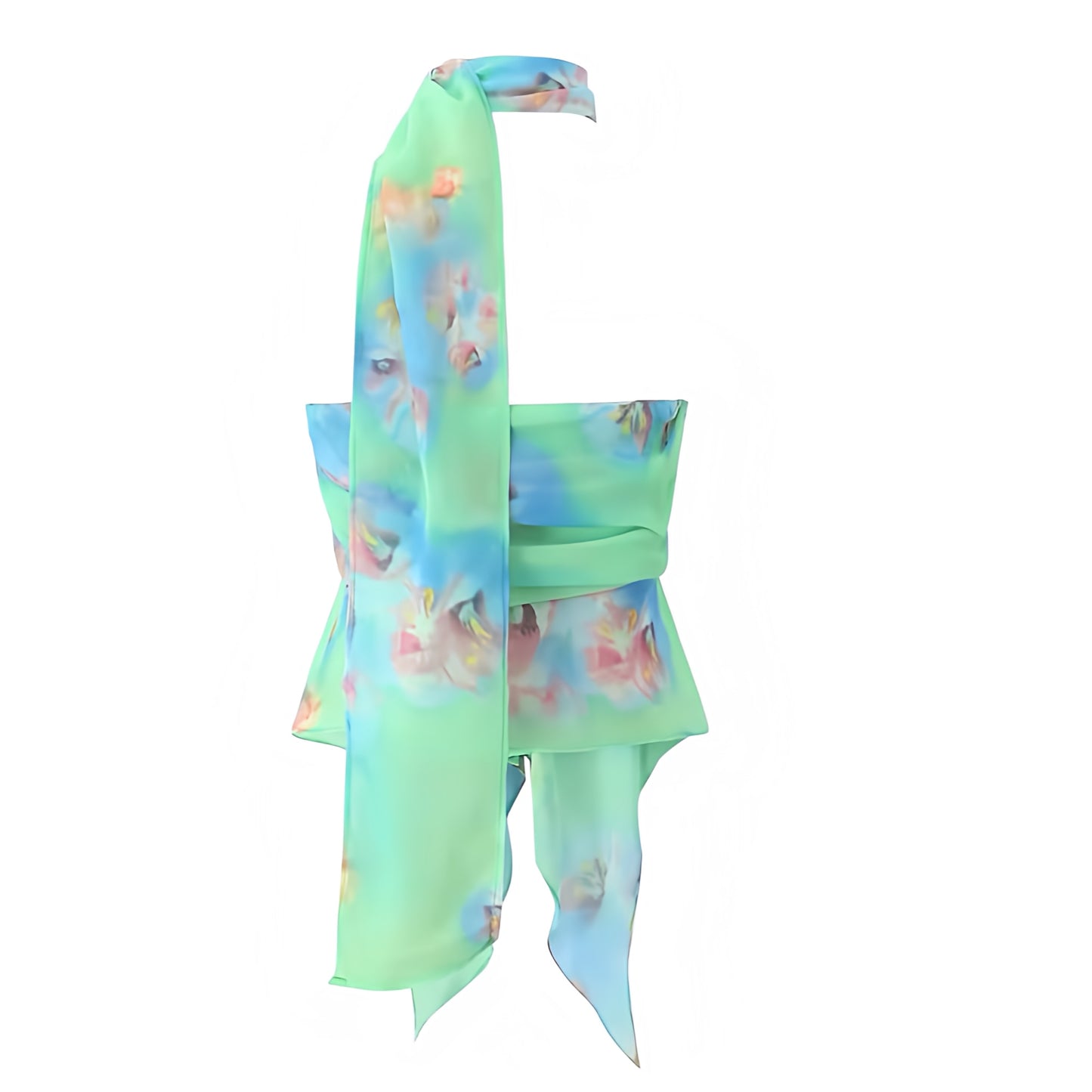 Tiana Multicolor Floral Print Ruffle Trim Sleeveless Halter Crop Top. Green, blue, and pink tropical flower patterned blouse featuring slim fit design, layered ruffle trim, sleeveless halter neckline with mock neck and turtleneck detail, and asymmetric cut. Feminine and trendy crop top for women, teens, and ladies who love Y2K fashion, chic Euro summer looks, sorority rush outfits, boho chic, Ibiza style, vacation wear, rave and festival fashion, sexy night out, and casual going-out club wear.