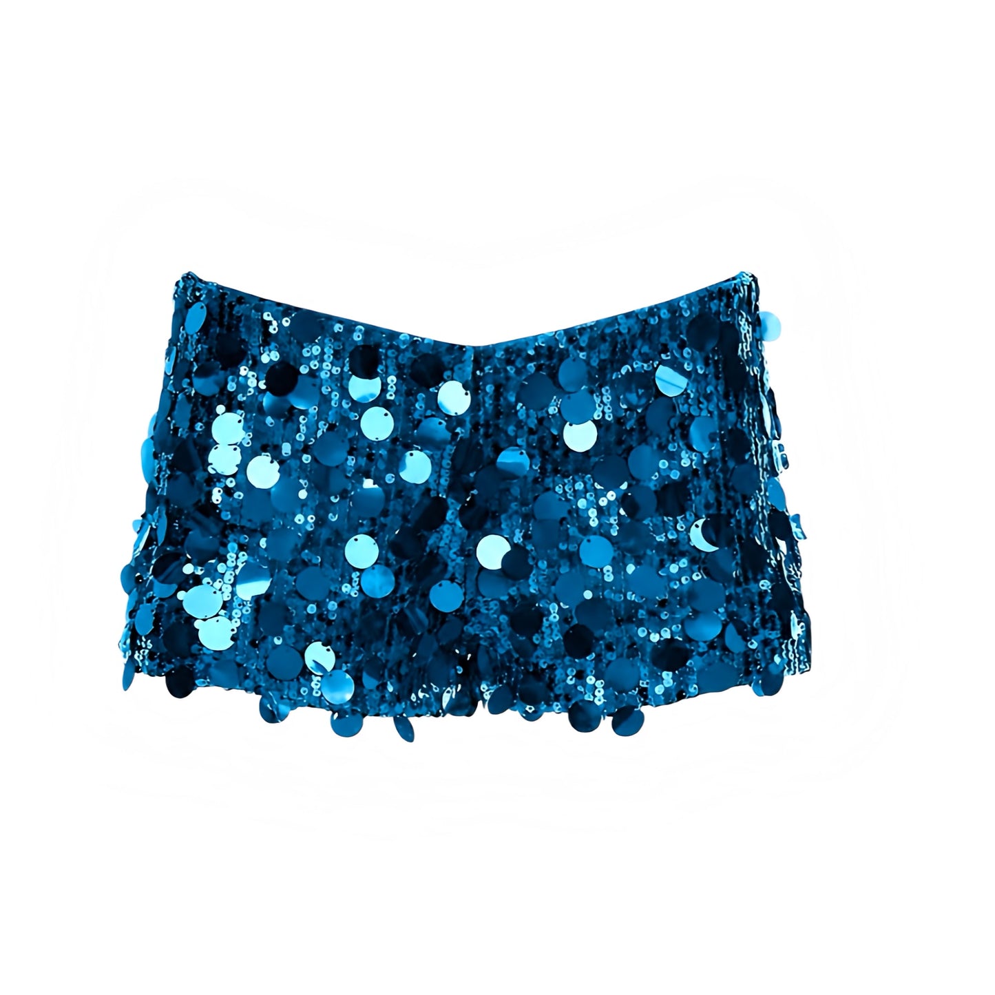 Turquoise blue sequin embellished low-rise micro shorts in turquoise, light blue, sea blue and aquamarine with sparkly, glittery, shimmery sequined and beaded detailing. Slim fit bodycon skinny fit low-waisted mini shorts and hot pants for women, teens and ladies. Perfect for Y2K style, 2000s fashion, party outfits, night out outfits, club wear, disco outfits, rave shorts, festival outfits, concert outfits, Ibiza style, baddie outfits, mermaidcore, tropicalcore, retro style and beach vacation outfits.