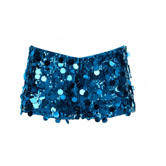 Turquoise blue sequin embellished low-rise micro shorts in turquoise, light blue, sea blue and aquamarine with sparkly, glittery, shimmery sequined and beaded detailing. Slim fit bodycon skinny fit low-waisted mini shorts and hot pants for women, teens and ladies. Perfect for Y2K style, 2000s fashion, party outfits, night out outfits, club wear, disco outfits, rave shorts, festival outfits, concert outfits, Ibiza style, baddie outfits, mermaidcore, tropicalcore, retro style and beach vacation outfits.