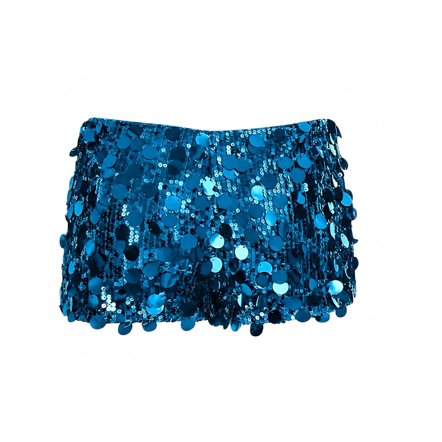 Turquoise blue sequin embellished low-rise micro shorts in turquoise, light blue, sea blue and aquamarine with sparkly, glittery, shimmery sequined and beaded detailing. Slim fit bodycon skinny fit low-waisted mini shorts and hot pants for women, teens and ladies. Perfect for Y2K style, 2000s fashion, party outfits, night out outfits, club wear, disco outfits, rave shorts, festival outfits, concert outfits, Ibiza style, baddie outfits, mermaidcore, tropicalcore, retro style and beach vacation outfits.