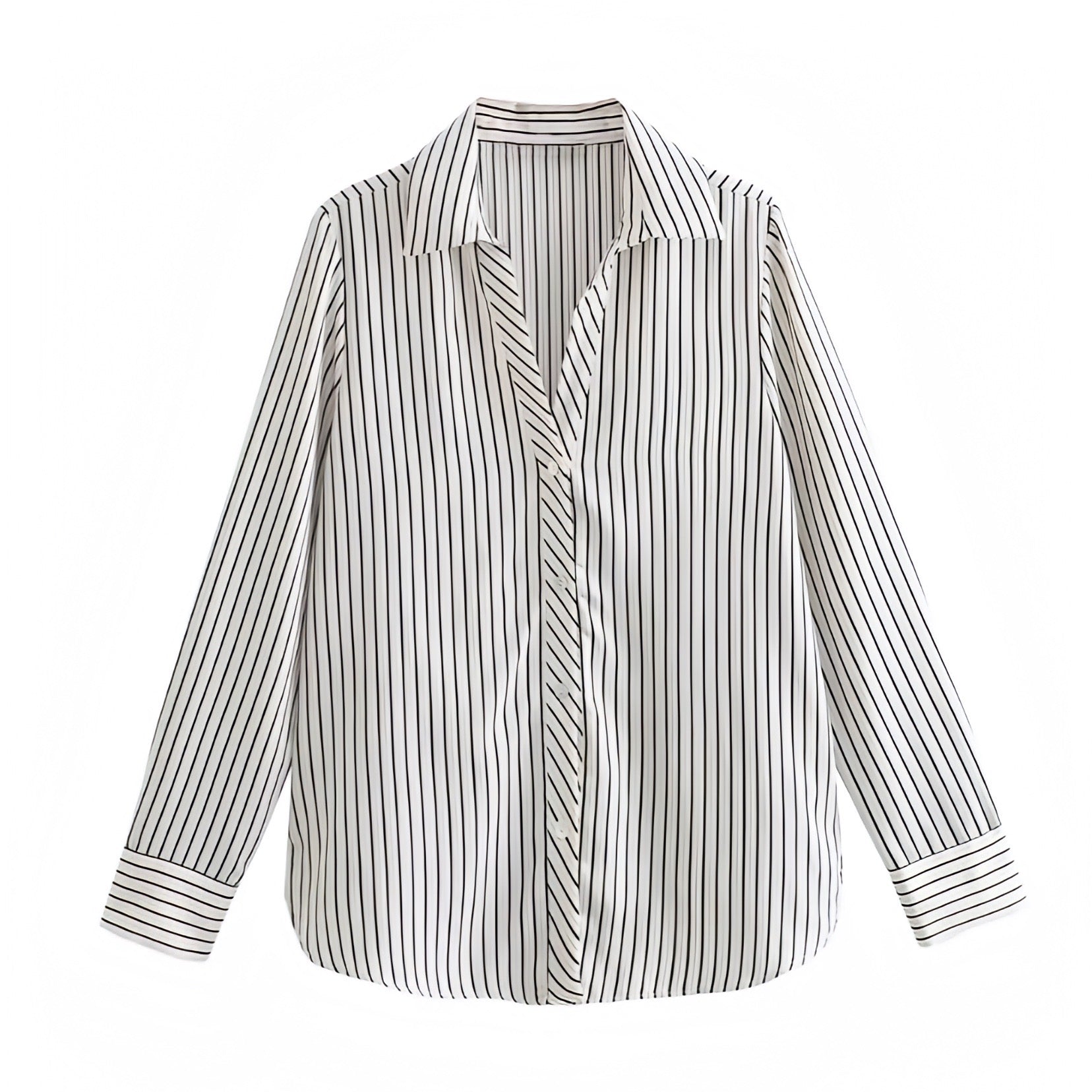 White and black pinstriped linen shirt designed with a relaxed oversized fit, soft cotton blend, and breathable woven fabric. Features a collared v-neckline, single-breasted button down front, and long sleeves for an effortlessly chic silhouette. Perfect for coastal, minimalist, and Euro summer style. Ideal for vacation, resort wear, or casual everyday looks. Ships globally and worldwide to the US, UK, Canada, Australia, New Zealand, Europe, Asia, and beyond.

