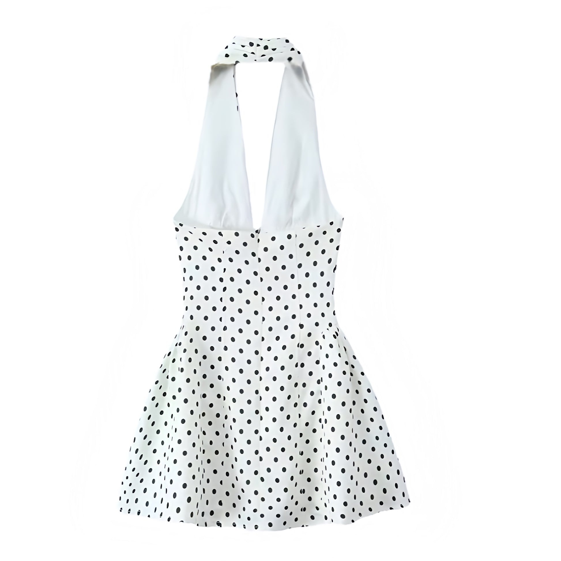 White and Black Polka Dot Bodycon V-Neck Sleeveless Halter Mini Dress Slim Fit Corset Sundress with Spotted Print, Drop Waist Peplum Hem, Flared Ruffle Trim, Plissé Pleated Detailing, Short Above-Knee Mini Length, Sleeveless and Backless Chic Parisian Chic Style Dress for Women and Teens Summer 2025 Fashion, Perfect Elegant Feminine Old Money Outfit for Casual Everyday Wear, Vacations, School Sorority Rush, Hoco Homecoming, Sexy Y2K Party Look, Trendy Night Out Club Wear, Coquette That Girl Euro Summer