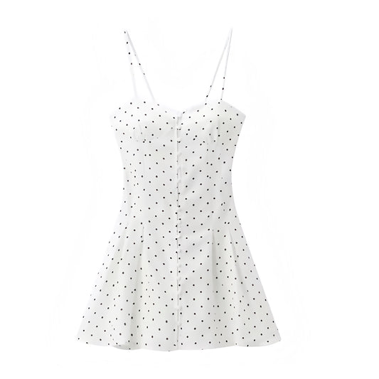 White and Black Polka Dot Corset Button-Down Spaghetti Strap Mini Dress Slim Fit Bustier A-Line Sundress with Sweetheart Neckline, Adjustable Spaghetti Straps, Sleeveless and Backless Design, Drop Waist Peplum Hem, Flared Ruffle Trim, Plissé Pleated Detailing, Short Above-Knee Length Linen Style Dress for Women, Ladies, and Teens, Perfect Elegant Feminine Old Money Fashion Outfit for Summer 2025 Casual Everyday Wear, Vacations, School Sorority Rush, Hoco Homecoming, Euro Summer Trips, Chic Parisian Style 