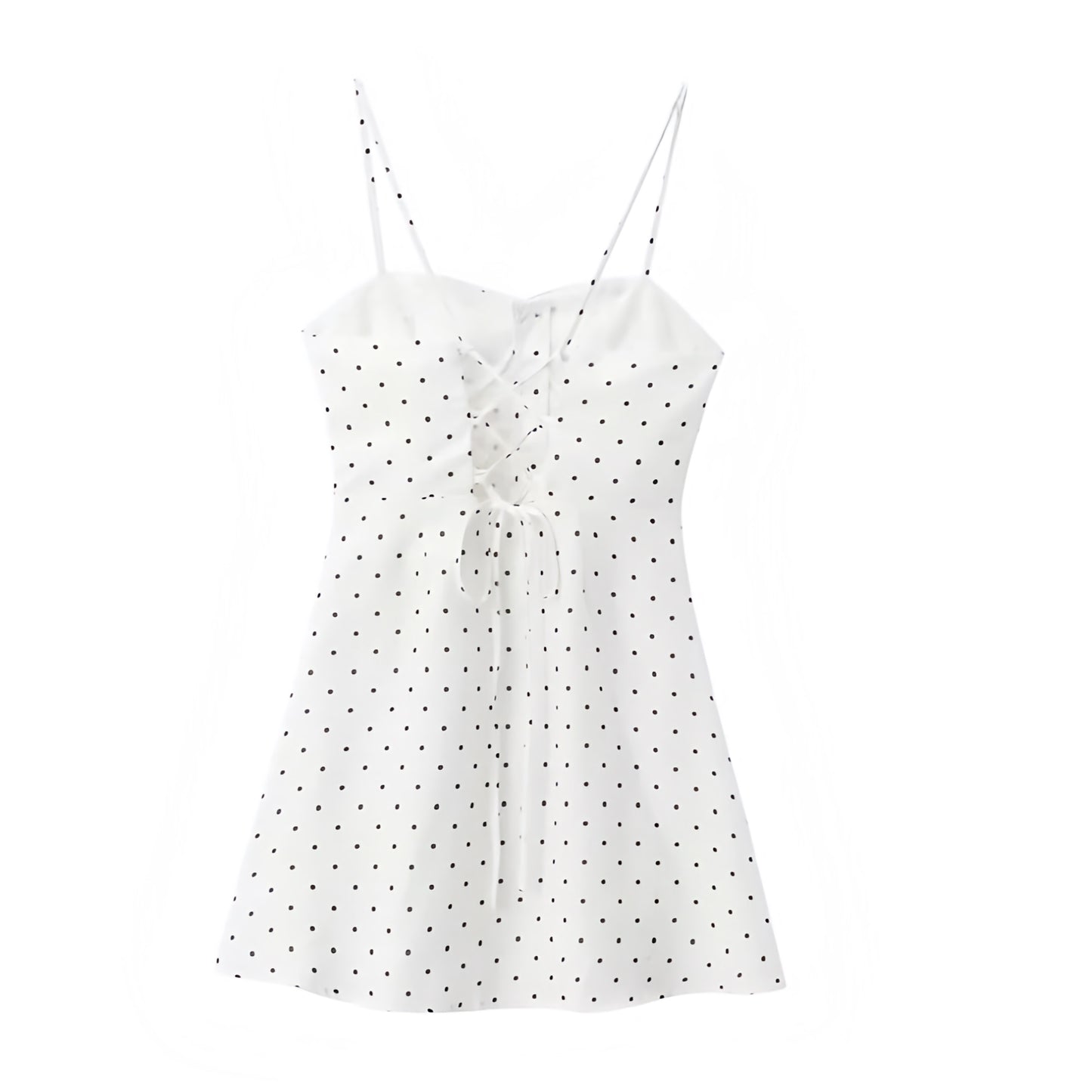 White and Black Polka Dot Corset Button-Down Spaghetti Strap Mini Dress Slim Fit Bustier A-Line Sundress with Sweetheart Neckline, Adjustable Spaghetti Straps, Sleeveless and Backless Design, Drop Waist Peplum Hem, Flared Ruffle Trim, Plissé Pleated Detailing, Short Above-Knee Length Linen Style Dress for Women, Ladies, and Teens, Perfect Elegant Feminine Old Money Fashion Outfit for Summer 2025 Casual Everyday Wear, Vacations, School Sorority Rush, Hoco Homecoming, Euro Summer Trips, Chic Parisian Style
