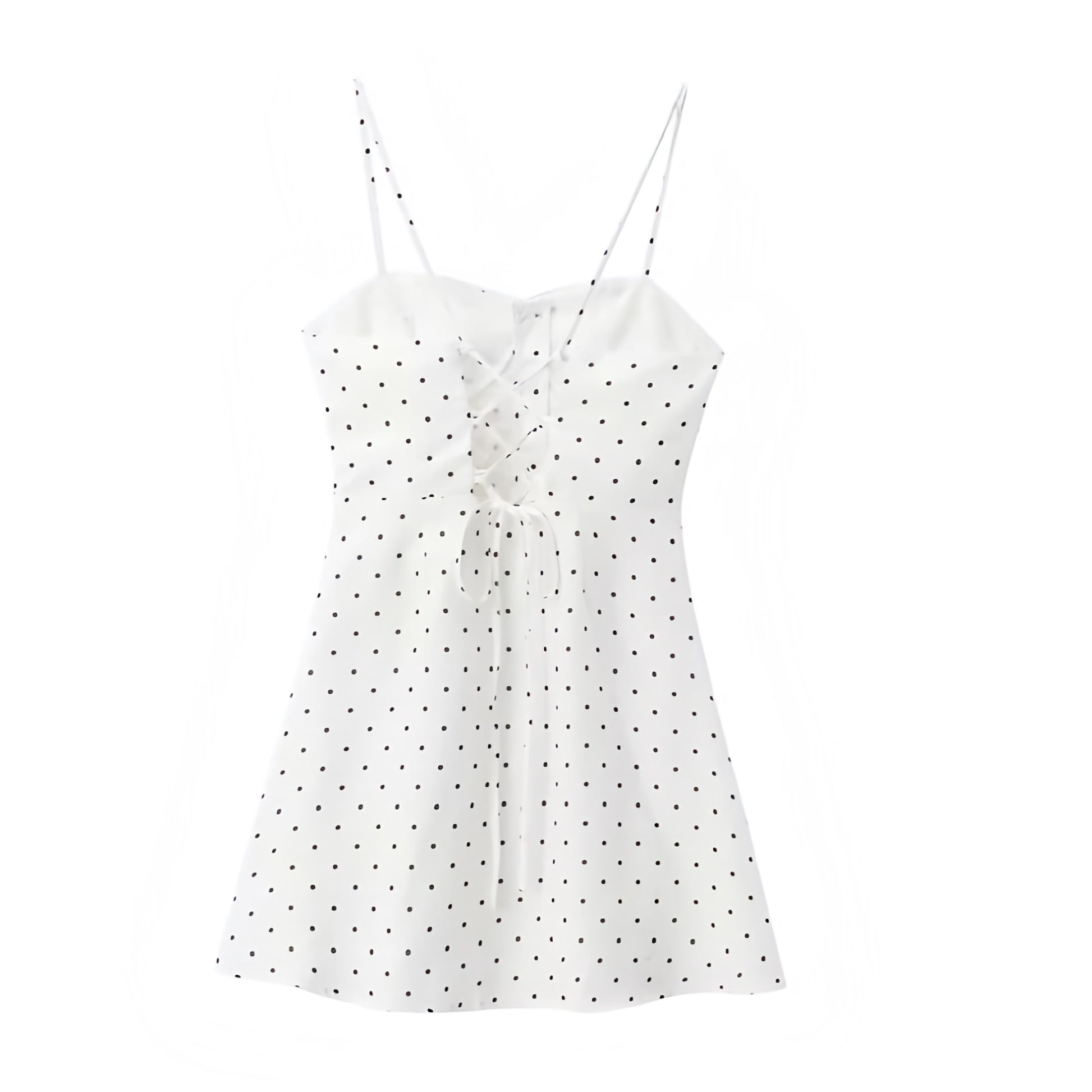 White and Black Polka Dot Corset Button-Down Spaghetti Strap Mini Dress Slim Fit Bustier A-Line Sundress with Sweetheart Neckline, Adjustable Spaghetti Straps, Sleeveless and Backless Design, Drop Waist Peplum Hem, Flared Ruffle Trim, Plissé Pleated Detailing, Short Above-Knee Length Linen Style Dress for Women, Ladies, and Teens, Perfect Elegant Feminine Old Money Fashion Outfit for Summer 2025 Casual Everyday Wear, Vacations, School Sorority Rush, Hoco Homecoming, Euro Summer Trips, Chic Parisian Style