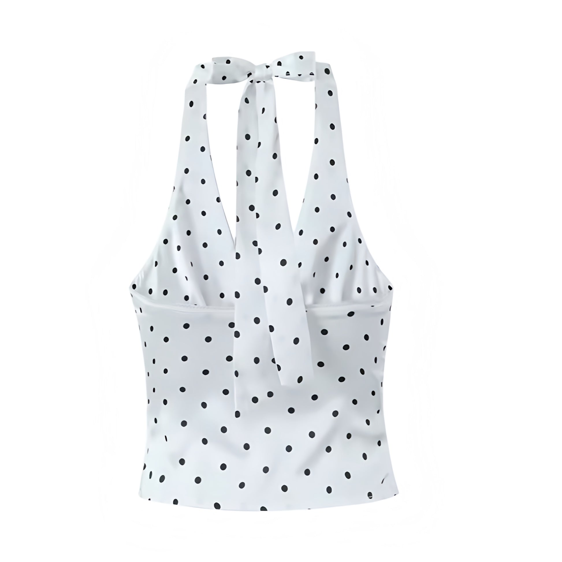White and Black Polka Dot Satin V-Neck Sleeveless Halter Crop Top Slim Fit Corset Camisole Blouse with Satin Finish and Spotted Polka Dot Print, Sleeveless Backless Cropped Fit for Women and Teens Summer 2025 Fashion, Perfect for Casual Everyday Wear, Vacation Holiday Styling, School Sorority Rush Looks, Euro Summer Trips, Elegant Parisian Chic Style, Preppy Old Money Inspired Outfits, Sexy Y2K Night Out Club Wear, Coquette That Girl It Girl Trend Aesthetic