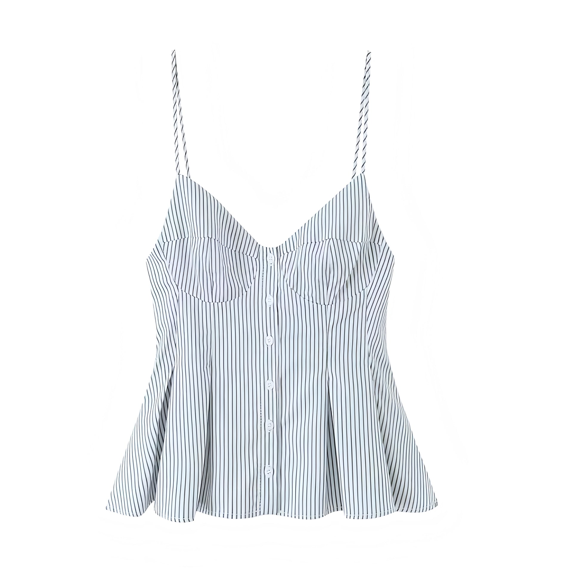 White and black striped camisole corset tank top with slim fit bustier bodycon silhouette. V neck spaghetti strap crop blouse with sweetheart neckline, button-down front, sleeveless and backless chic style. Women’s and teens’ summer and fall 2025 fashion. Elegant coquette Y2K chic trendy feminine fashion for casual everyday, holiday, vacation, school, sorority rush, evening party, night out, going out, sexy club wear, euro summer, beach, coastal granddaughter, preppy style, Hamptons style, Nantucket style. 