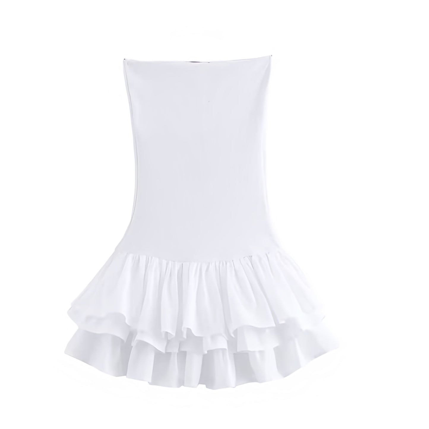 White Bodycon Layered Ruffle Drop Waist Strapless Mini Dress. Slim fit bodycon silhouette with chic layered ruffle trim, flared tutu peplum hem, strapless sleeveless design, and square neckline. Short white sundress for women, ladies, and teens who love feminine fashion for holidays, vacations, casual everyday wear, school, sorority rush, graduations, prom, hoco, homecoming, elegant evening wear, parties, night out, going-out looks, Euro summer, Stockholm style, boho chic, and preppy fashion. Ships worldwid