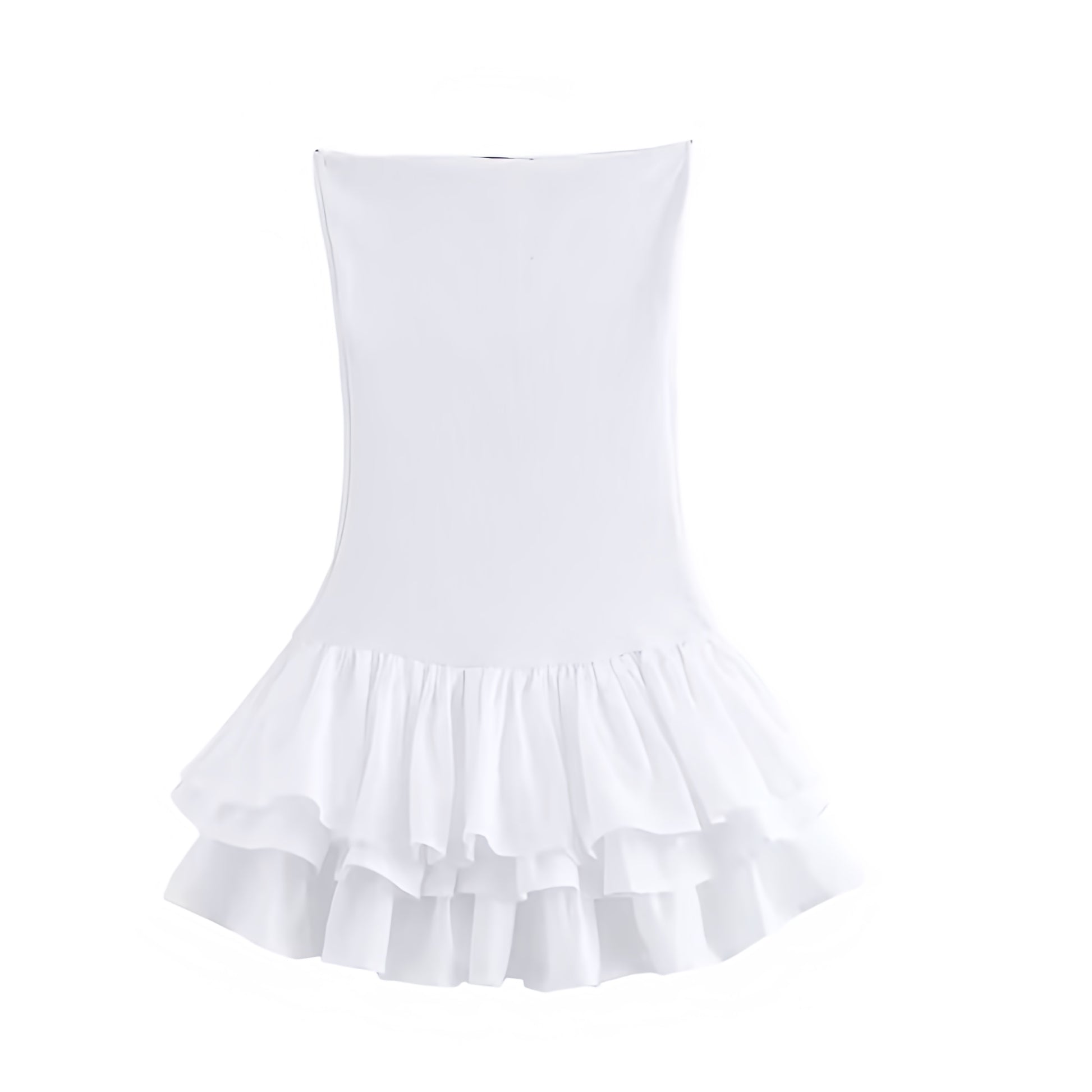 White Bodycon Layered Ruffle Drop Waist Strapless Mini Dress. Slim fit bodycon silhouette with chic layered ruffle trim, flared tutu peplum hem, strapless sleeveless design, and square neckline. Short white sundress for women, ladies, and teens who love feminine fashion for holidays, vacations, casual everyday wear, school, sorority rush, graduations, prom, hoco, homecoming, elegant evening wear, parties, night out, going-out looks, Euro summer, Stockholm style, boho chic, and preppy fashion. Ships worldwid