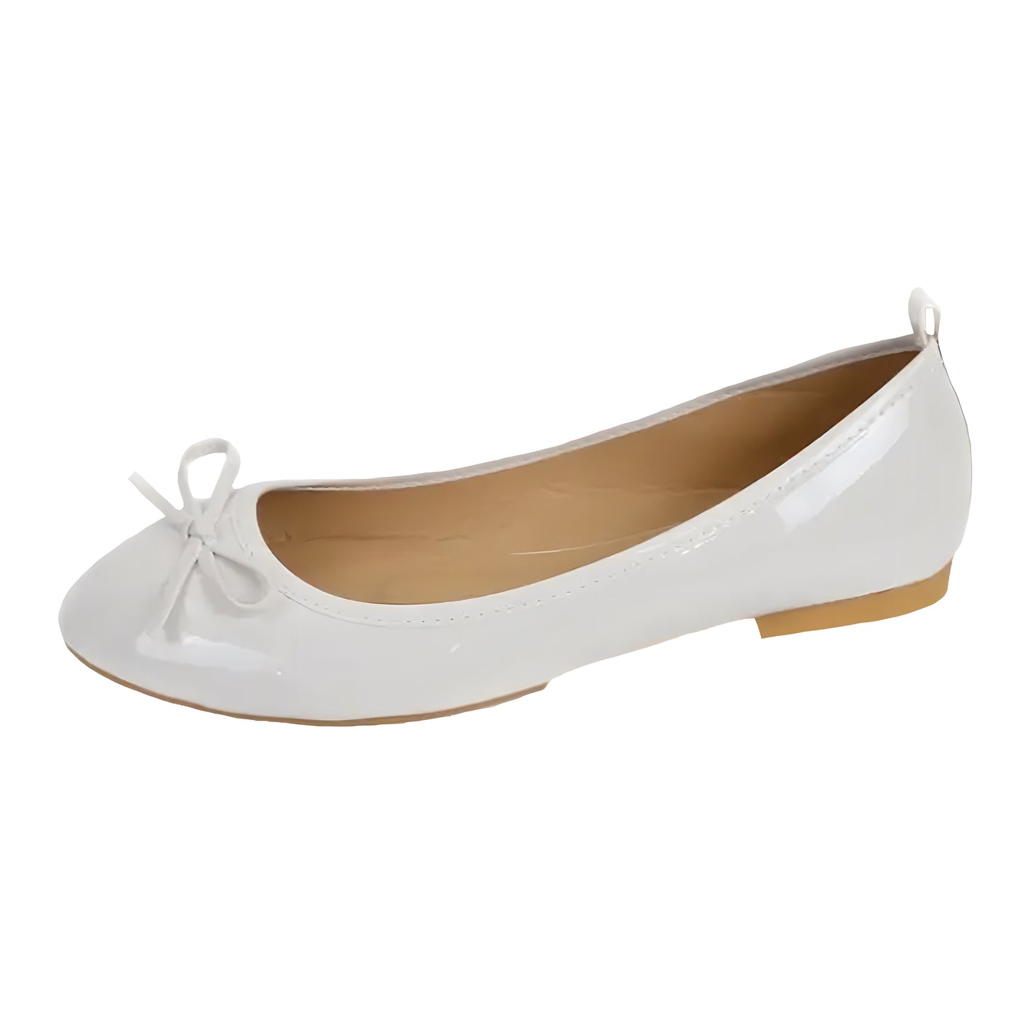 White faux patent leather ballet flats featuring a glossy high-shine finish and feminine bow detail. Designed with a smooth vegan-friendly upper, soft cushioned insole, and rounded toe for a classic silhouette. Lightweight and comfortable with a low heel. Perfect for everyday wear, work, or travel. Elegant Parisian chic flats shipped worldwide to the US, UK, Canada, Australia, New Zealand, and across Europe and Asia.

