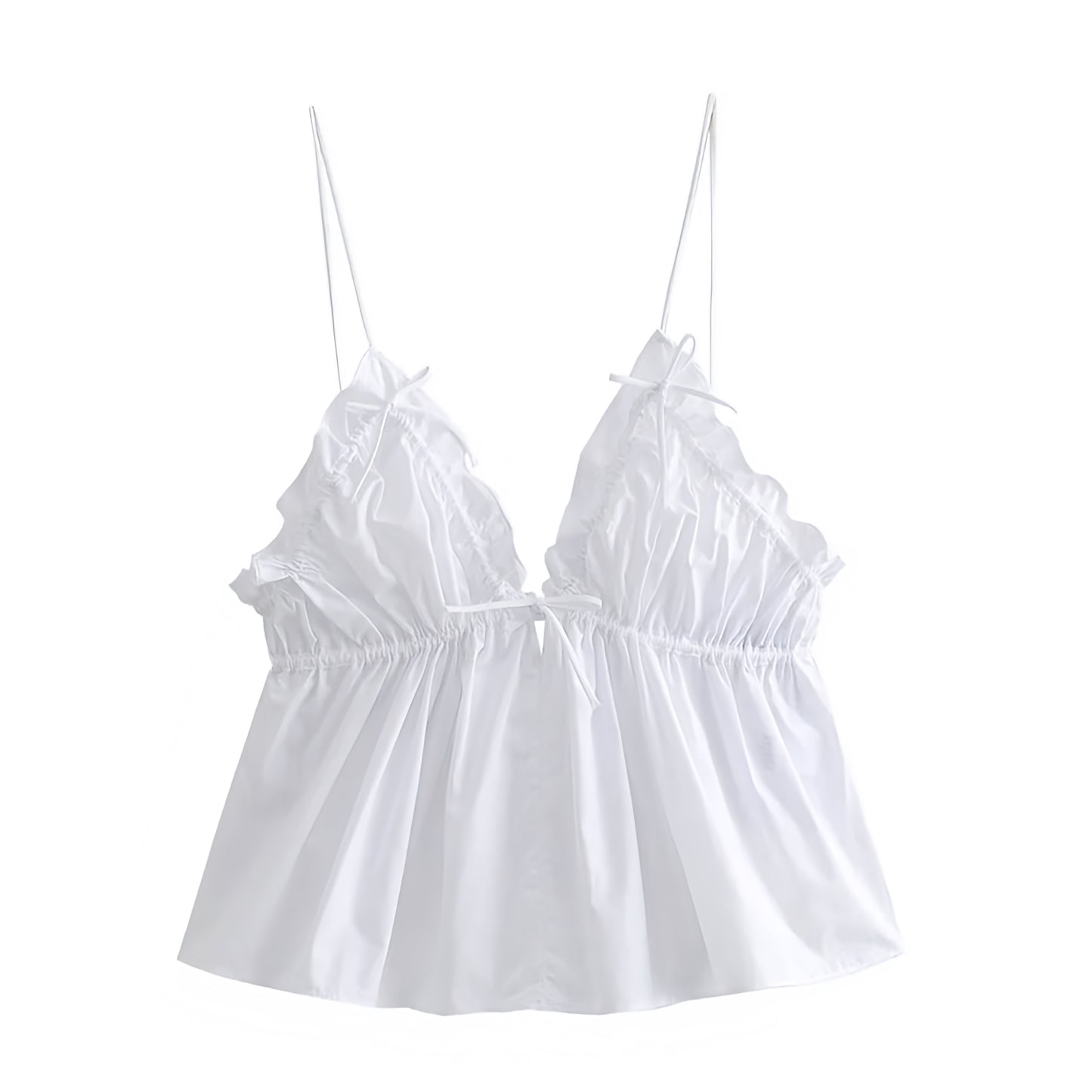 White bow ruffle trim v neck spaghetti strap backless tank top with slim fit bodycon silhouette. Sleeveless crop blouse featuring sweetheart neckline, ruched plisse fabric, flared peplum hem, and feminine chic details. Women’s and teens’ summer and fall 2025 fashion. Elegant coquette Y2K trendy casual everyday wear, holiday vacation, sorority rush, school, evening events, party, night out, going out, sexy club wear, preppy chic style. Ships worldwide to USA, Australia, New Zealand, UK, Canada, Europe 