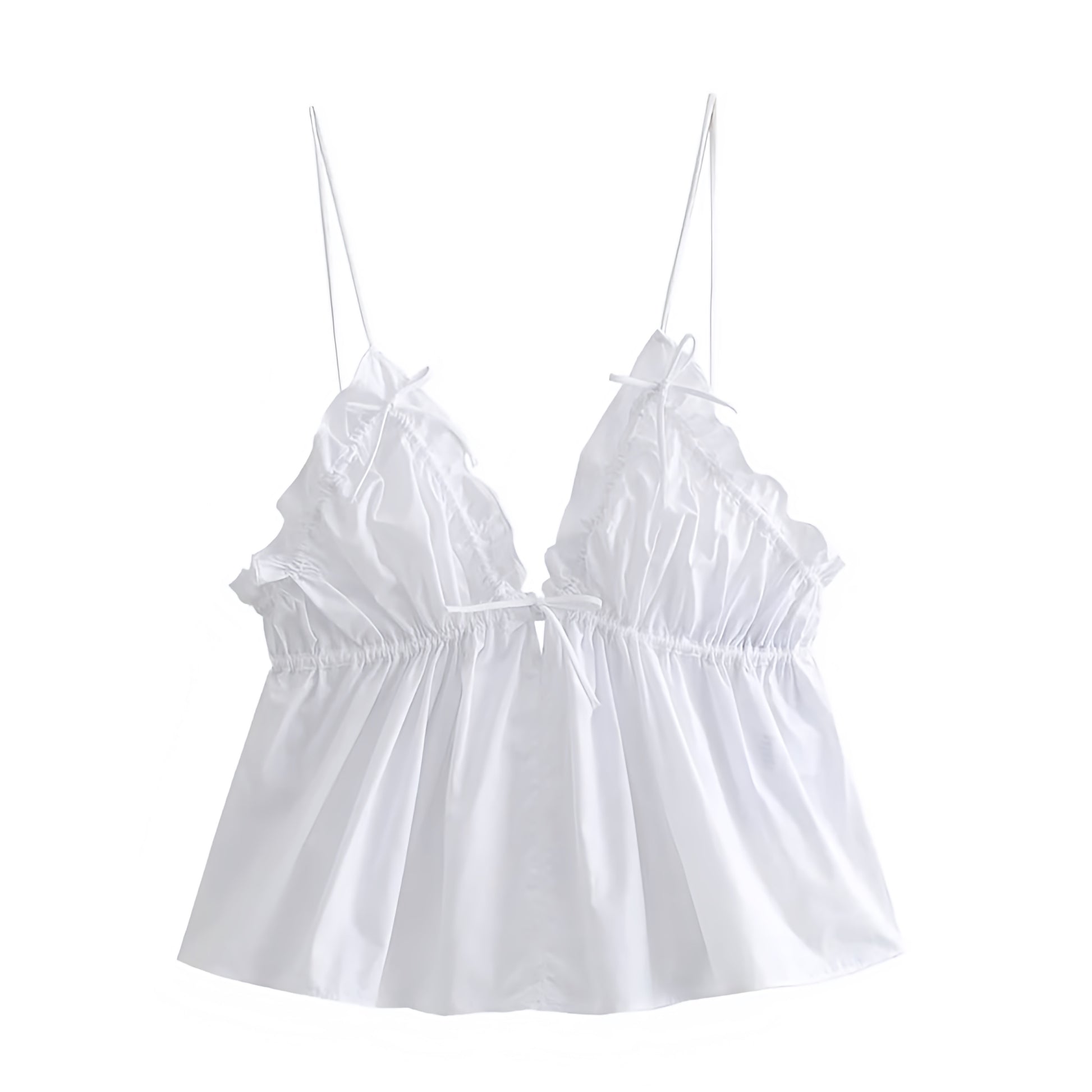 White bow ruffle trim v neck spaghetti strap backless tank top with slim fit bodycon silhouette. Sleeveless crop blouse featuring sweetheart neckline, ruched plisse fabric, flared peplum hem, and feminine chic details. Women’s and teens’ summer and fall 2025 fashion. Elegant coquette Y2K trendy casual everyday wear, holiday vacation, sorority rush, school, evening events, party, night out, going out, sexy club wear, preppy chic style. Ships worldwide to USA, Australia, New Zealand, UK, Canada, Europe 