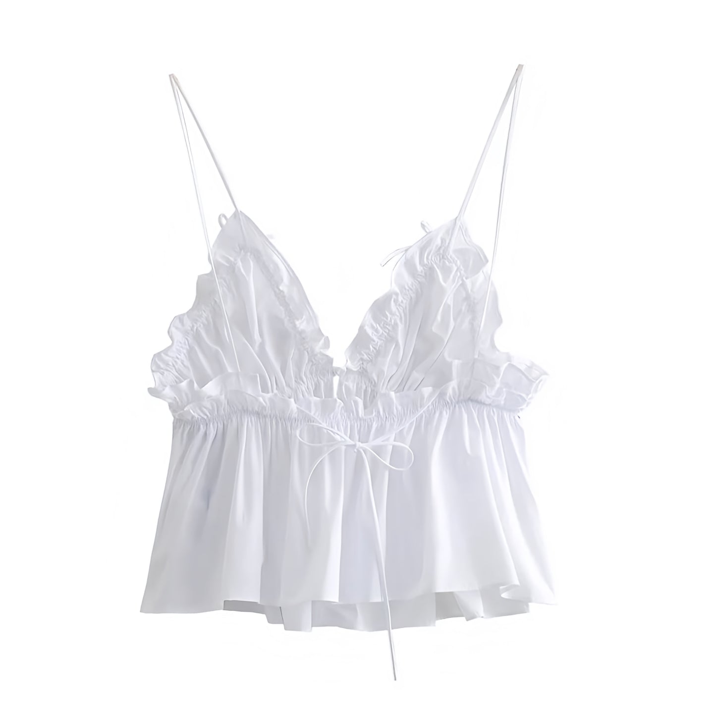 White bow ruffle trim v neck spaghetti strap backless tank top with slim fit bodycon silhouette. Sleeveless crop blouse featuring sweetheart neckline, ruched plisse fabric, flared peplum hem, and feminine chic details. Women’s and teens’ summer and fall 2025 fashion. Elegant coquette Y2K trendy casual everyday wear, holiday vacation, sorority rush, school, evening events, party, night out, going out, sexy club wear, preppy chic style. Ships worldwide to USA, Australia, New Zealand, UK, Canada, Europe 
