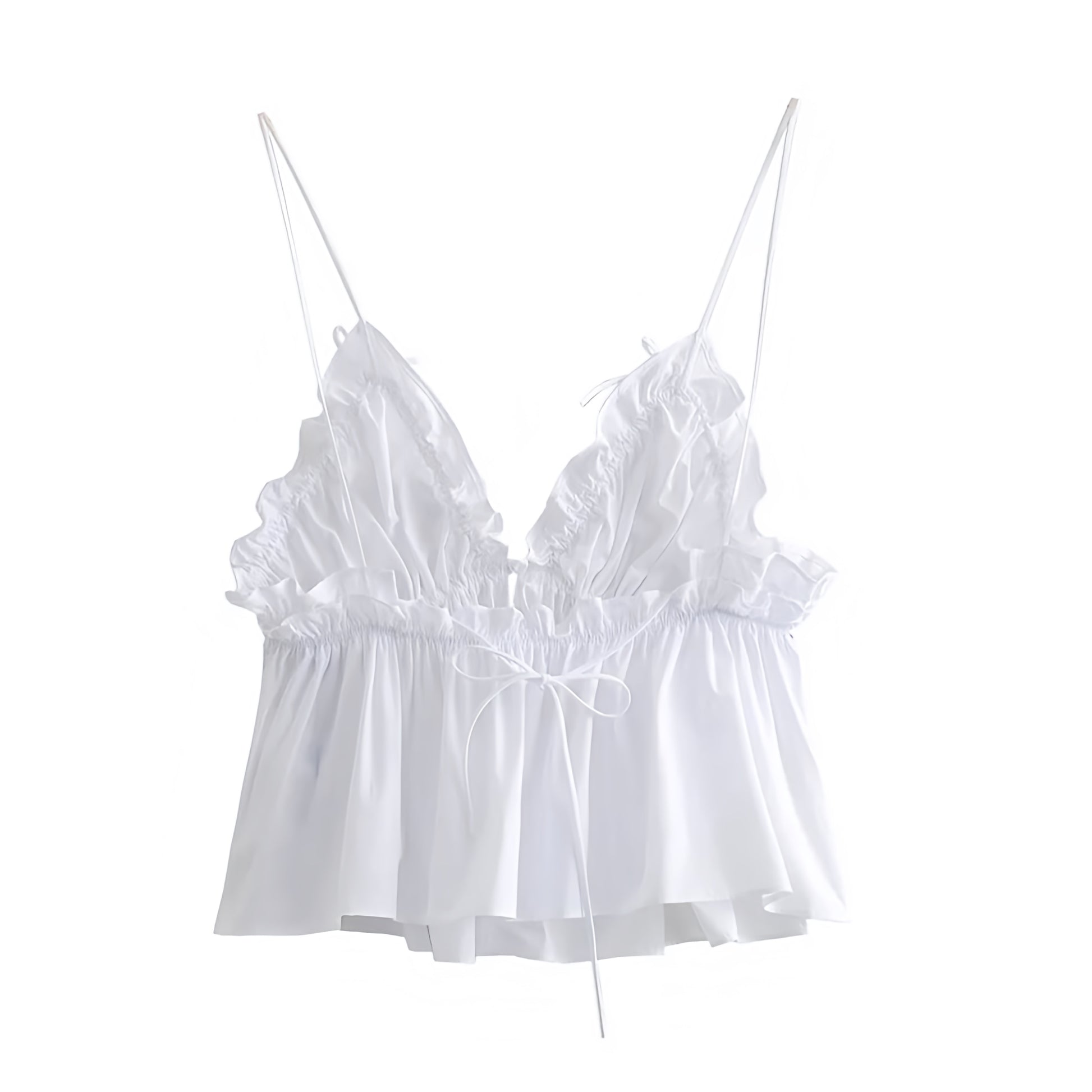 White bow ruffle trim v neck spaghetti strap backless tank top with slim fit bodycon silhouette. Sleeveless crop blouse featuring sweetheart neckline, ruched plisse fabric, flared peplum hem, and feminine chic details. Women’s and teens’ summer and fall 2025 fashion. Elegant coquette Y2K trendy casual everyday wear, holiday vacation, sorority rush, school, evening events, party, night out, going out, sexy club wear, preppy chic style. Ships worldwide to USA, Australia, New Zealand, UK, Canada, Europe 